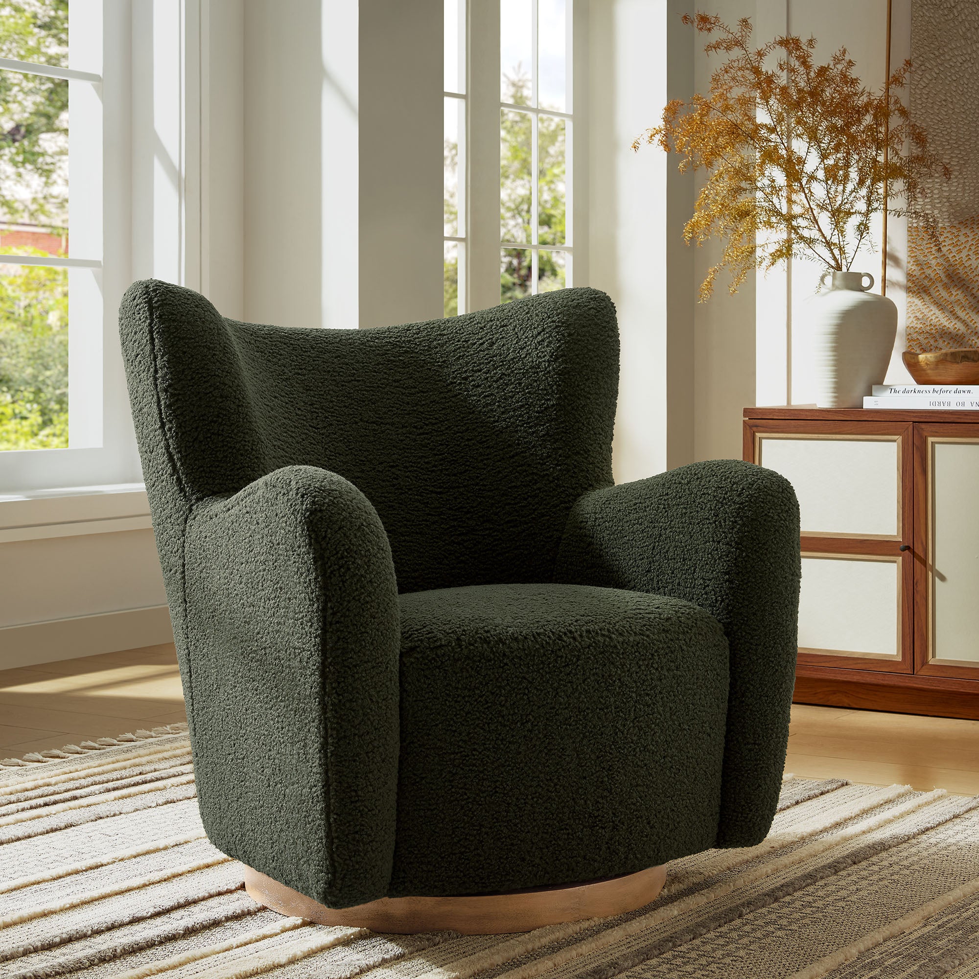 Montrose Wingback Sherpa Swivel Accent Chair, Fern Walnut