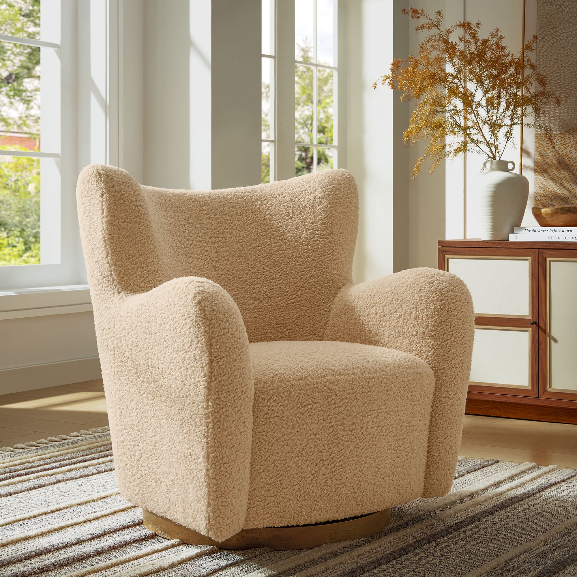 Montrose Wingback Sherpa Swivel Accent Chair, Ivory Walnut