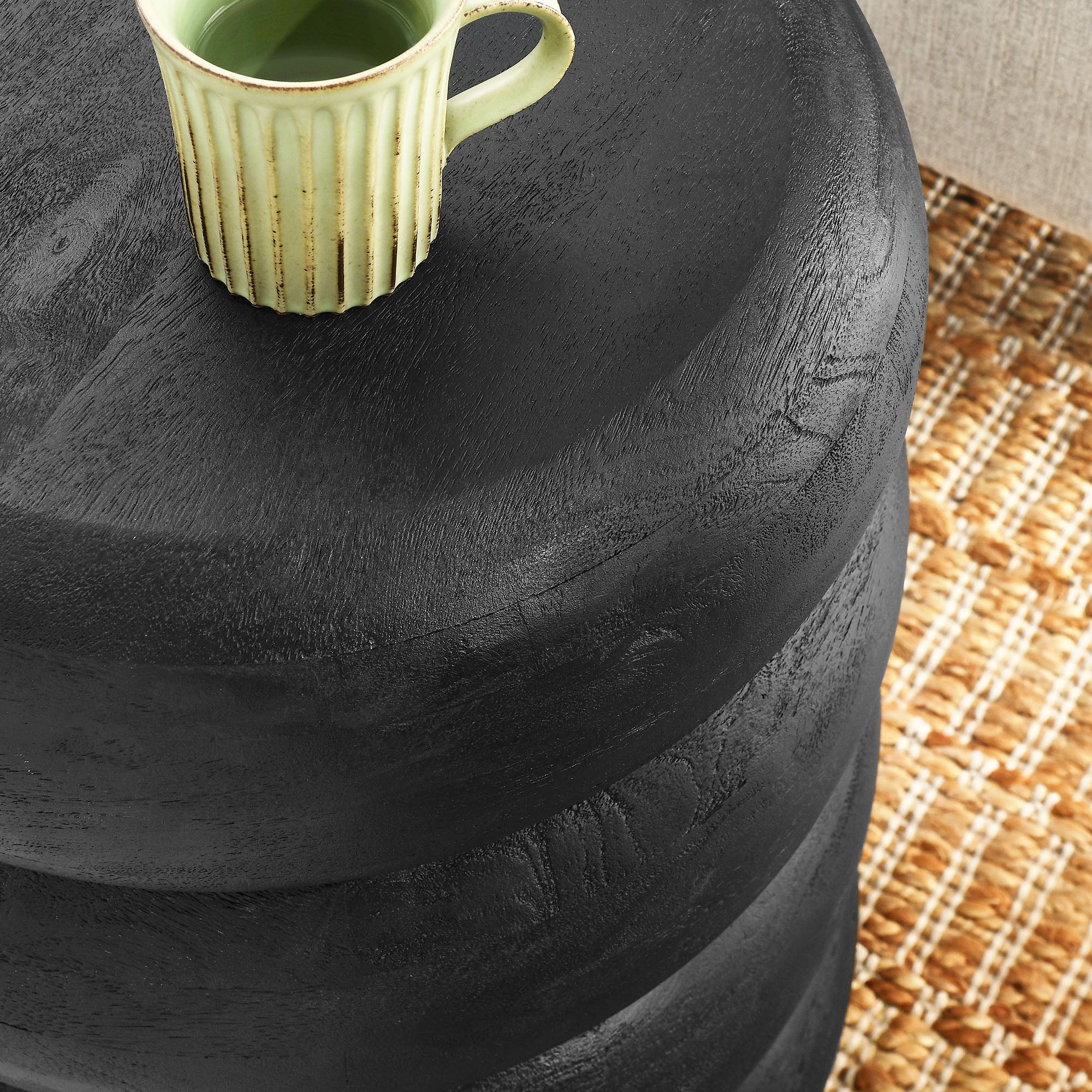 Ellery Round Stacked Wood Side Table, Wirebrush Black