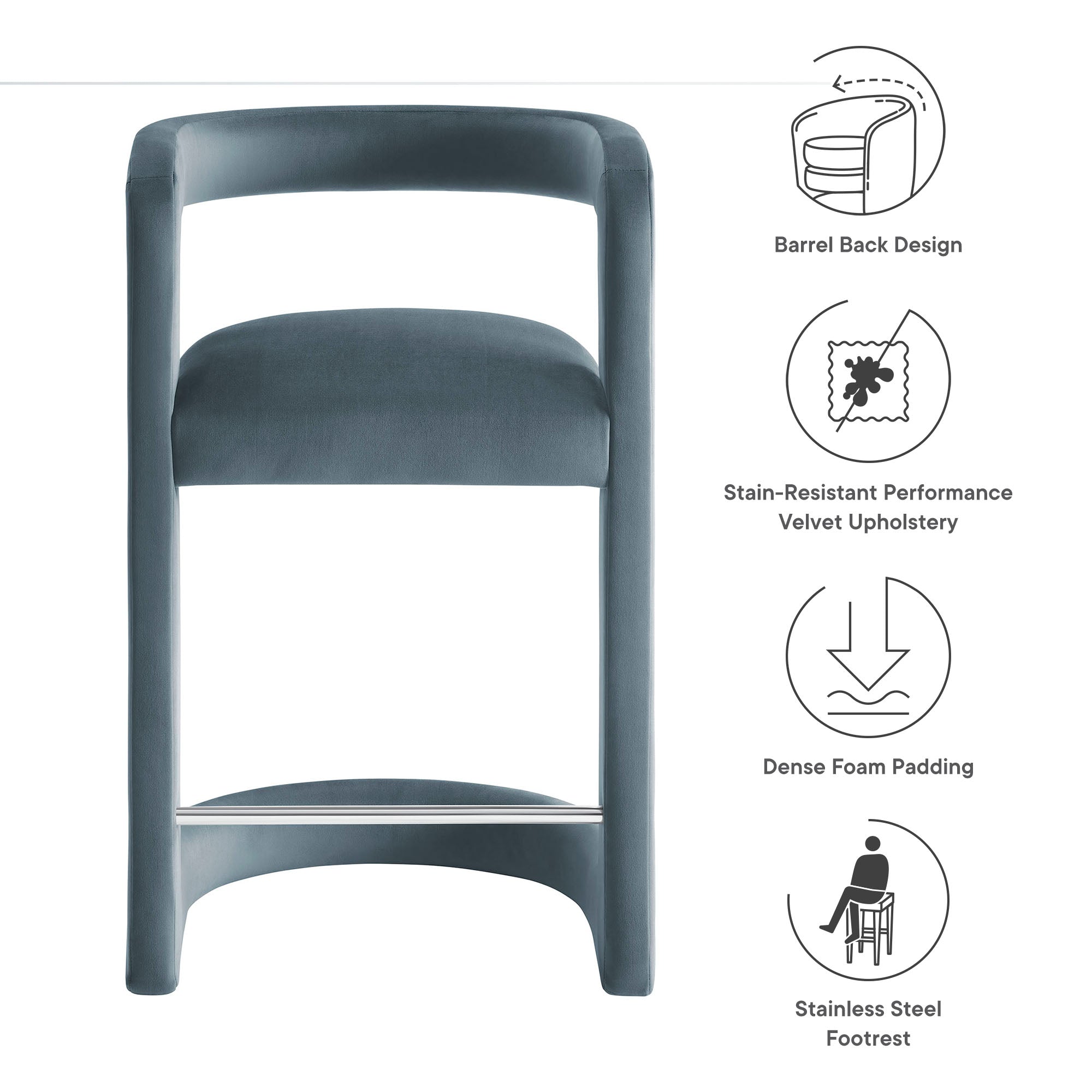 Winslow Performance Velvet Counter Stool, Cadet Blue