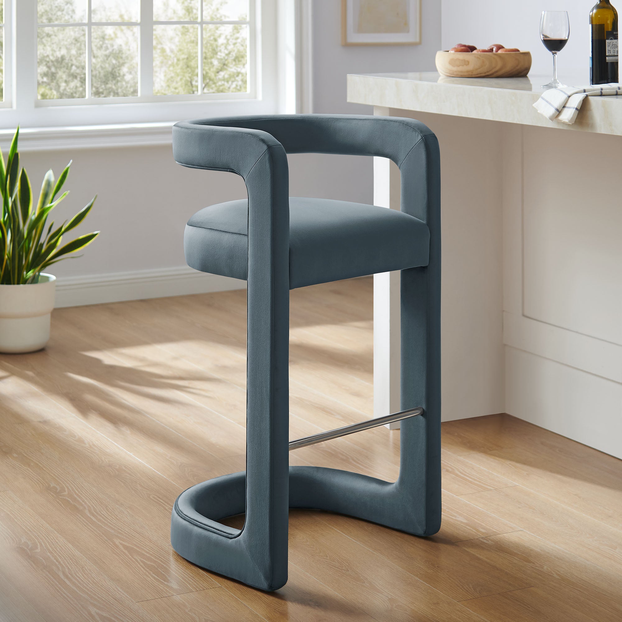Winslow Performance Velvet Bar Stool, Cadet Blue