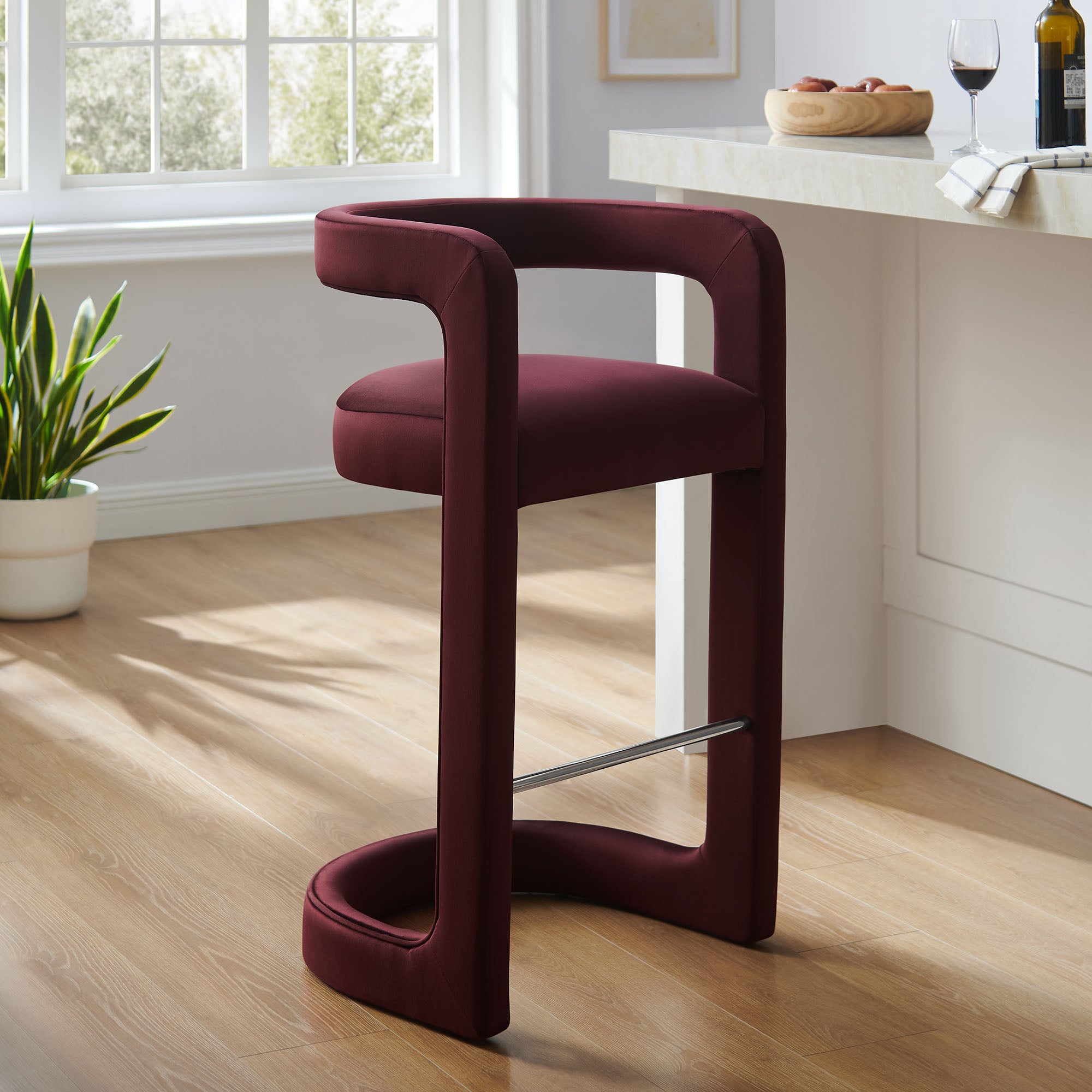 Winslow Performance Velvet Bar Stool, Mulberry
