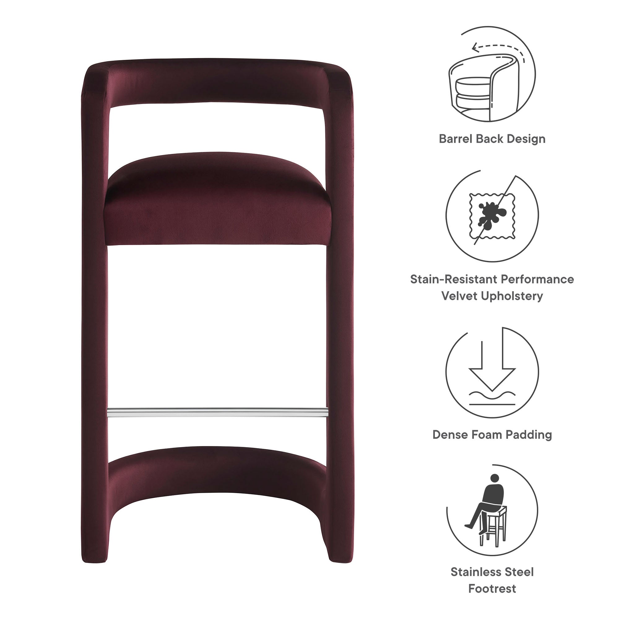 Winslow Performance Velvet Bar Stool, Mulberry