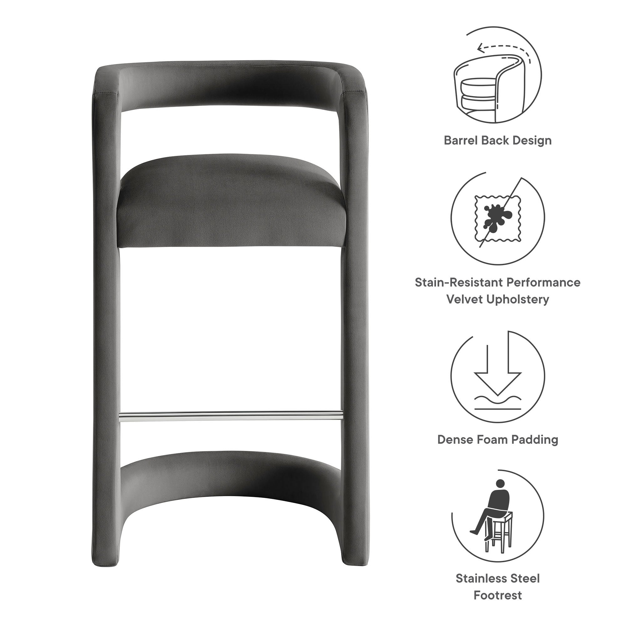 Winslow Performance Velvet Bar Stool, Storm Gray