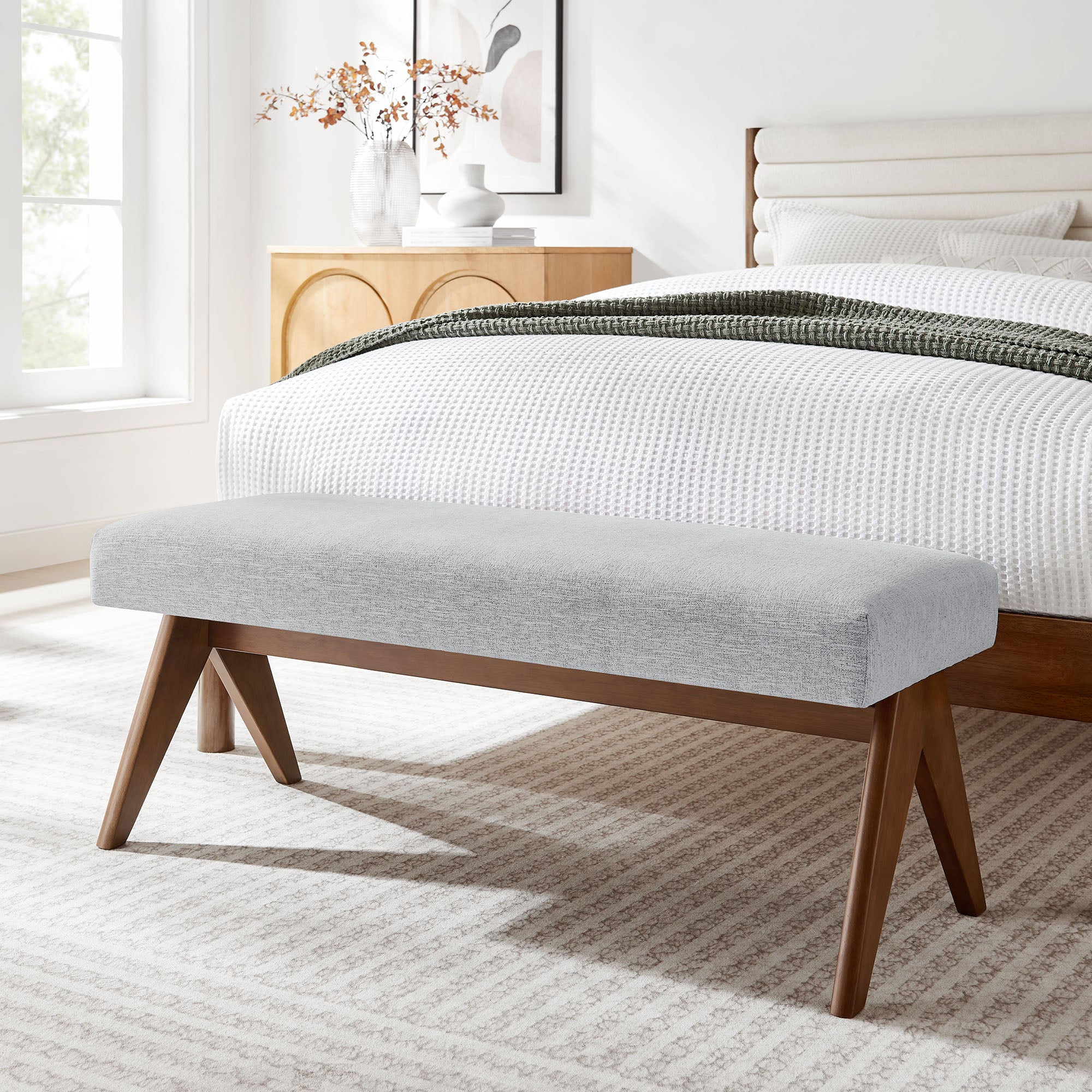 Lyra 47" Fabric Upholstered Bench, Light Gray