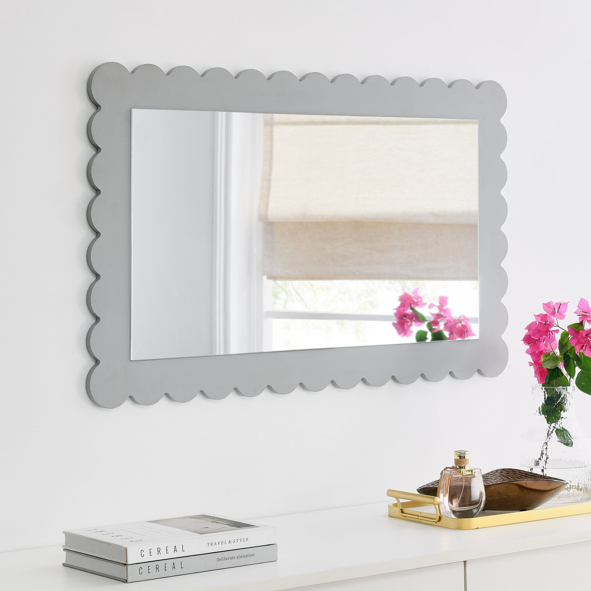 Emmeline Scalloped Rectangle Wall Mirror, Light Gray