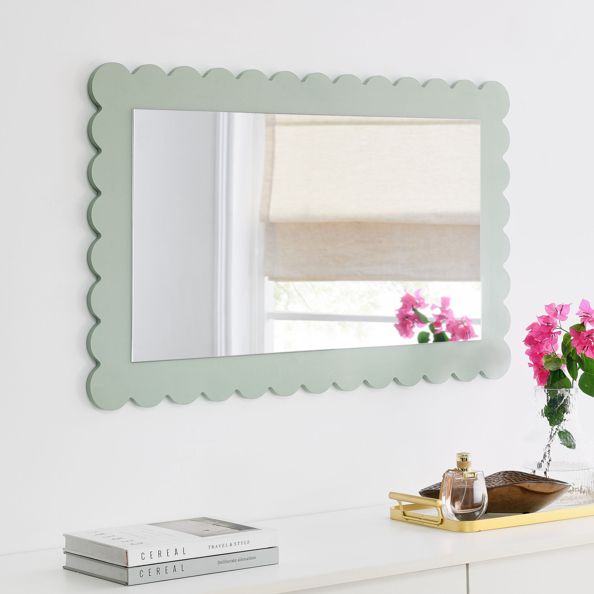 Emmeline Scalloped Rectangle Wall Mirror, Sage