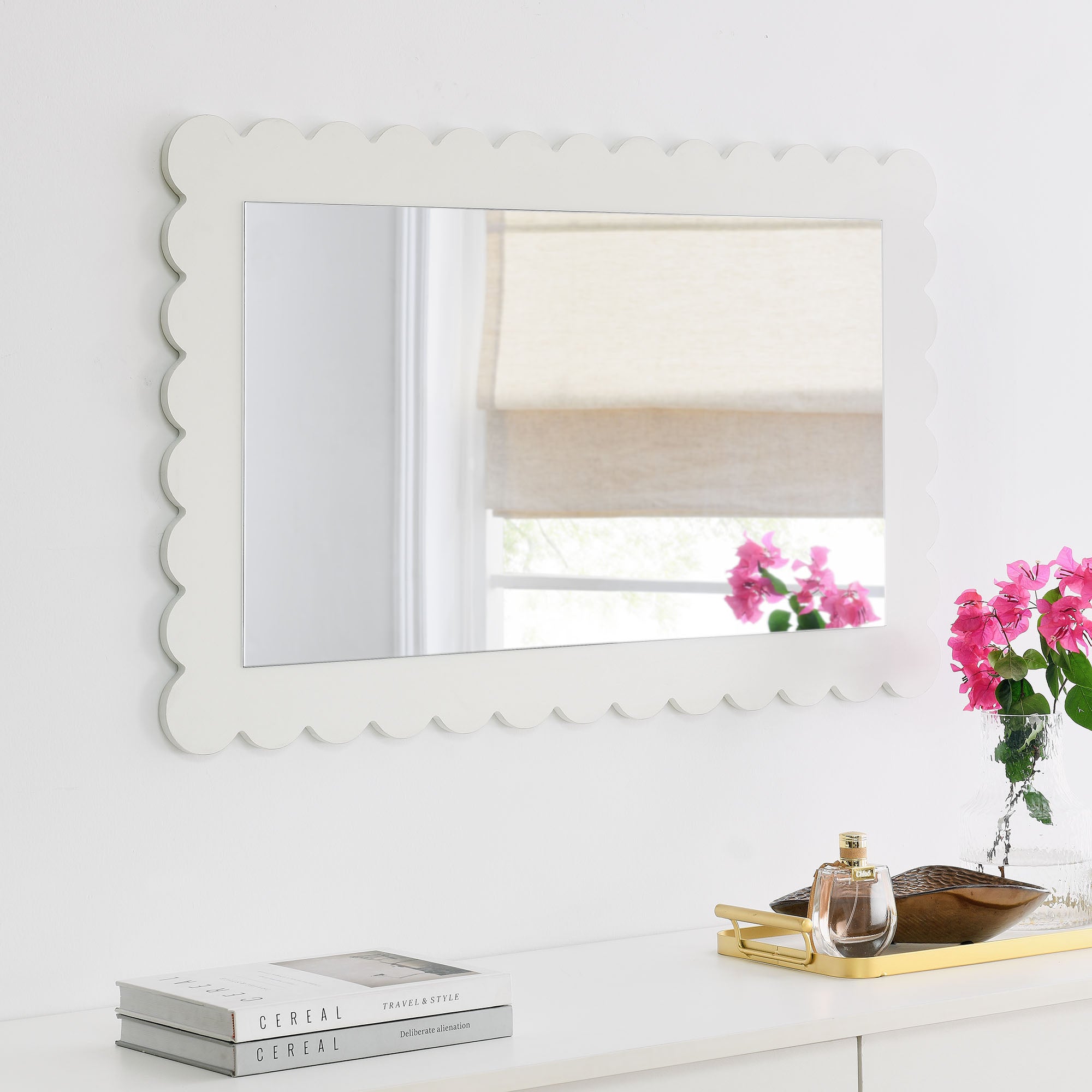 Emmeline Scalloped Rectangle Wall Mirror, White