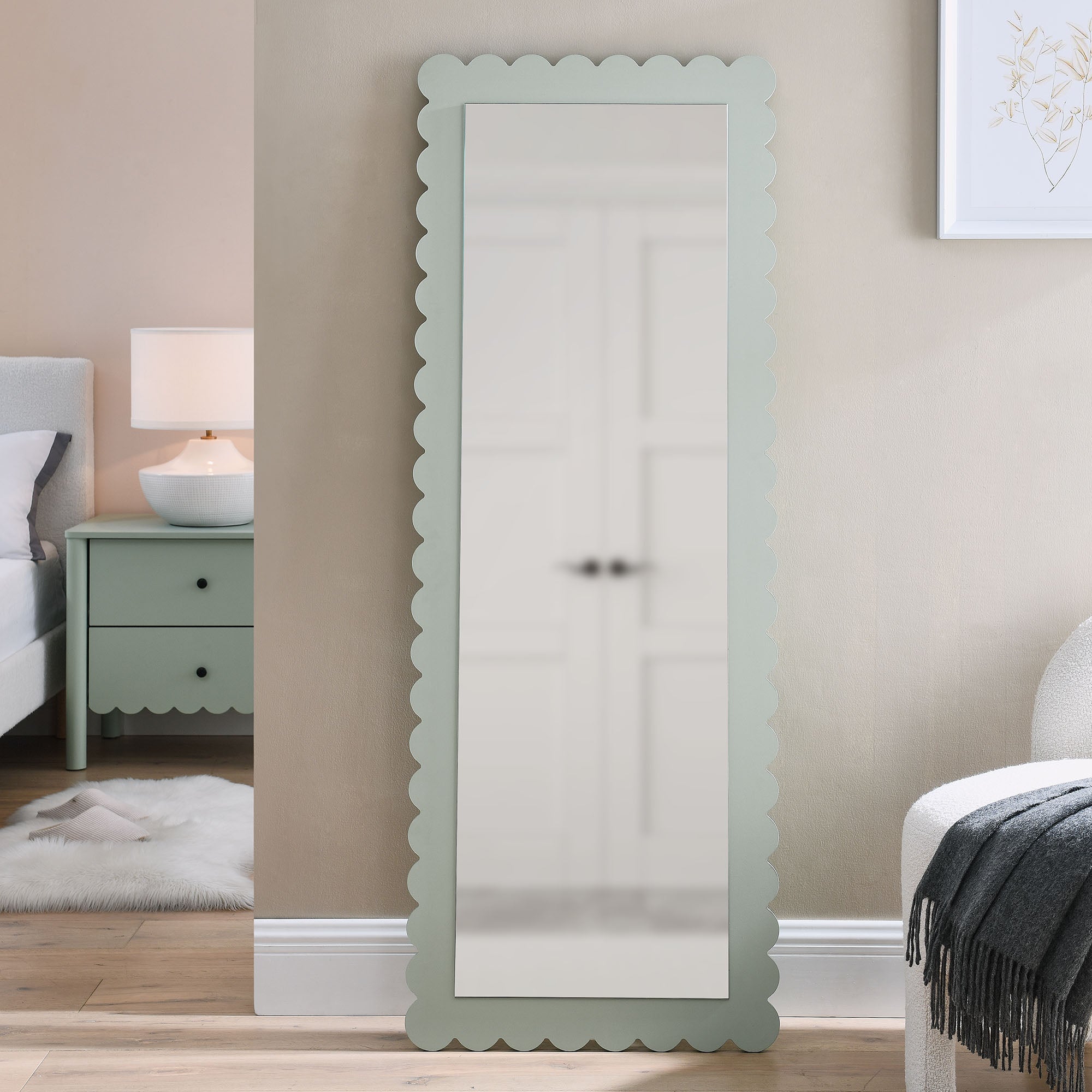 Emmeline Scalloped Rectangle Floor Mirror, Sage