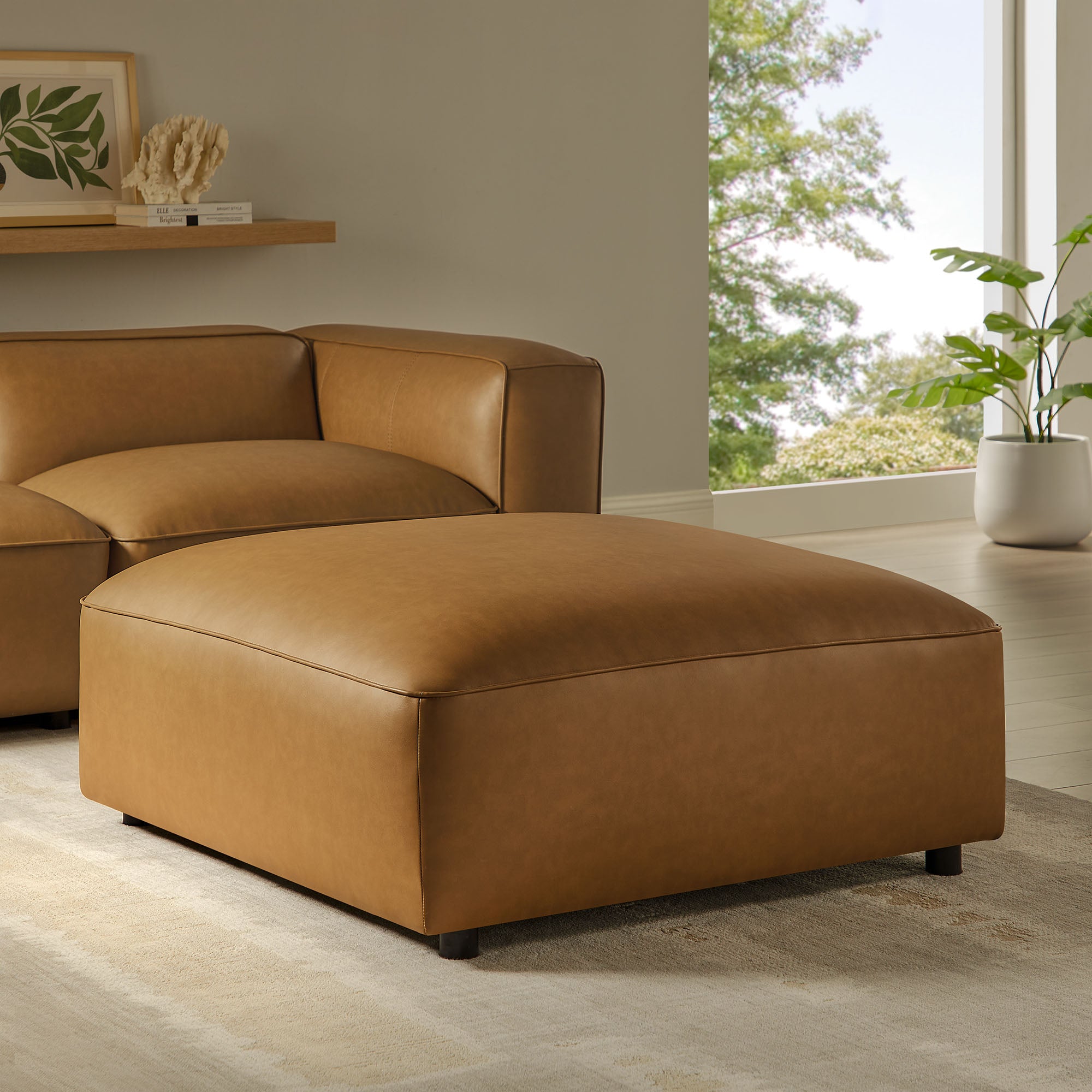 Auren Upholstered Vegan Leather Ottoman, Camel