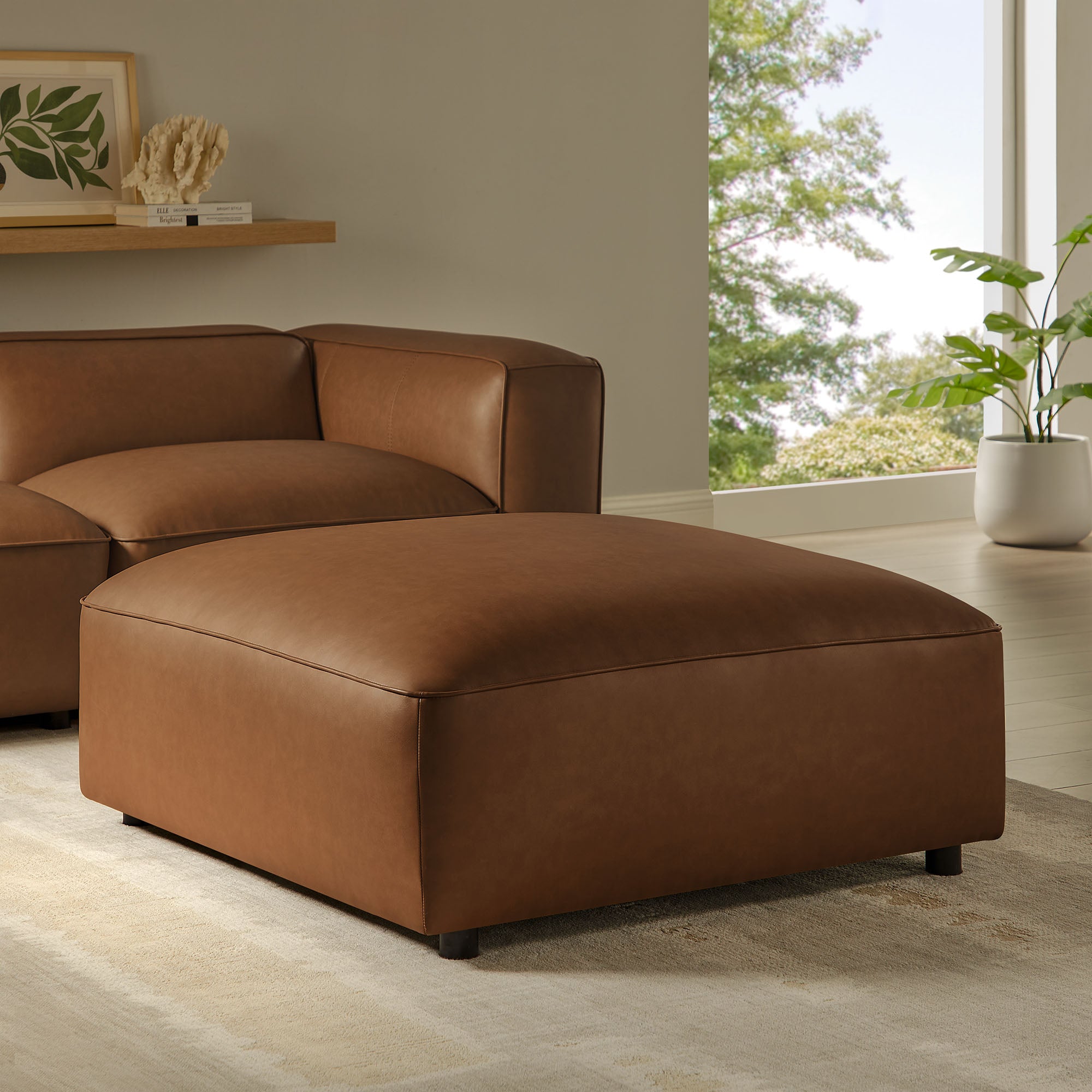Auren Upholstered Vegan Leather Ottoman, Coffee
