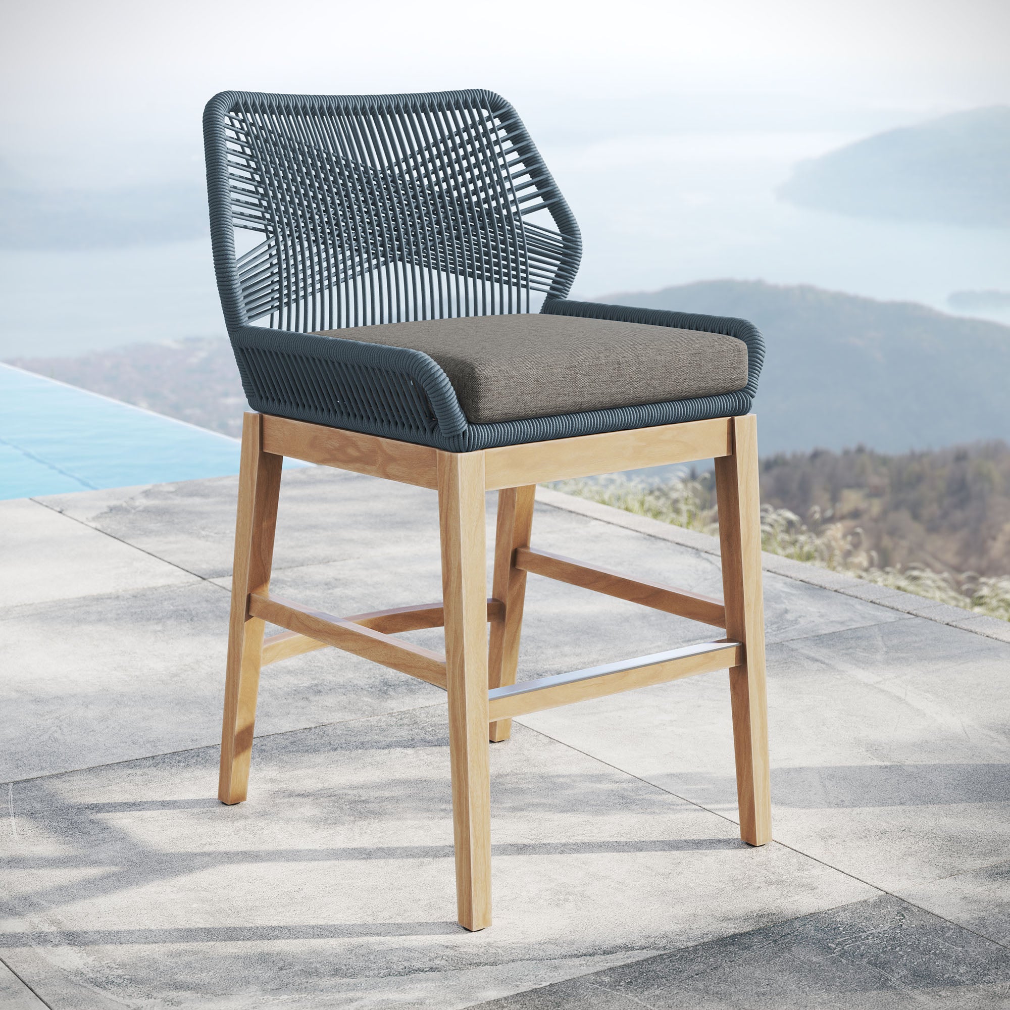 Wellspring Outdoor Patio Teak and Rope Counter Stool, Blue Graphite