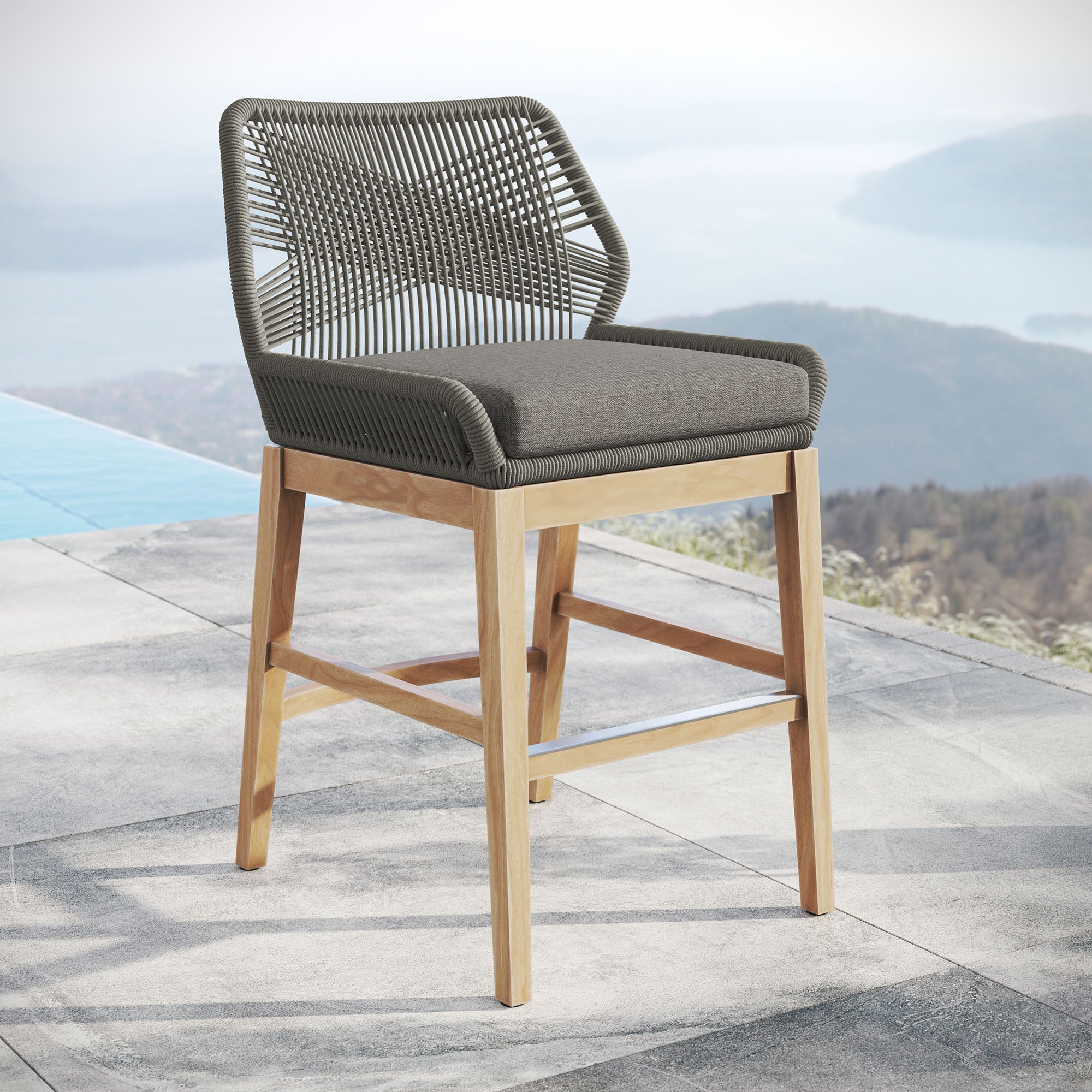 Wellspring Outdoor Patio Teak and Rope Counter Stool, Gray Graphite