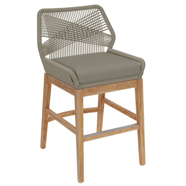 Wellspring Outdoor Patio Teak and Rope Counter Stool, Light Gray Greige