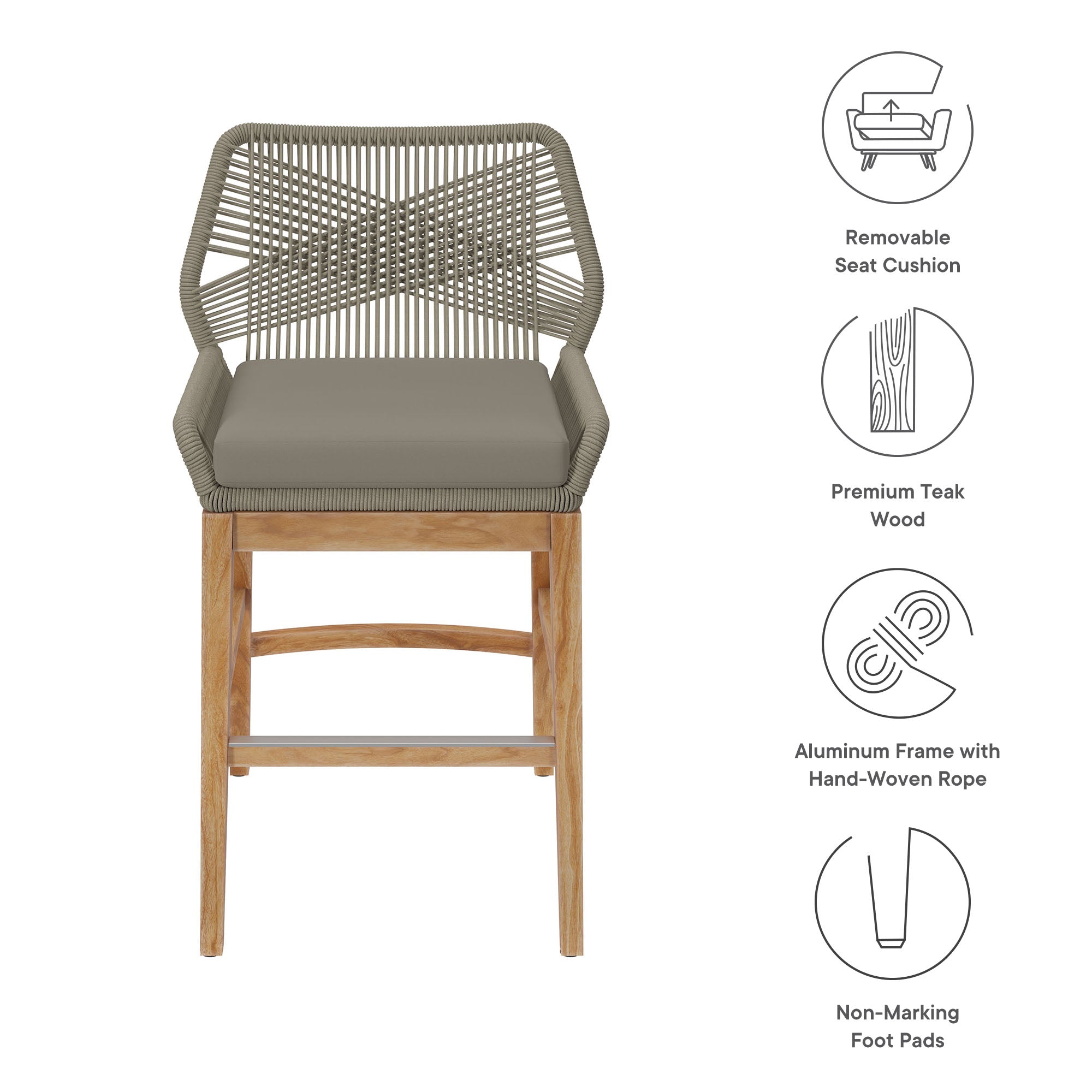 Wellspring Outdoor Patio Teak and Rope Counter Stool, Light Gray Greige