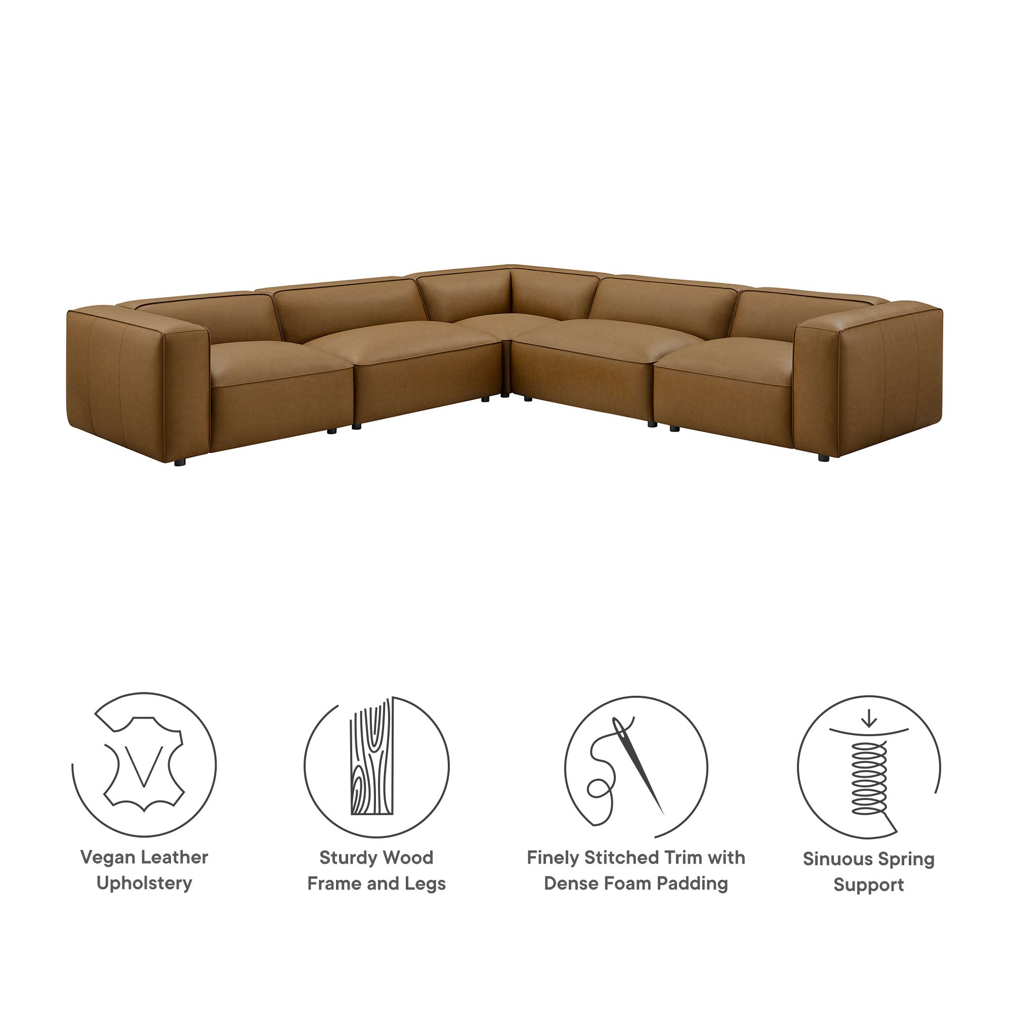 Auren 5-Piece Upholstered Vegan Leather Modular L-Shaped Sofa, Camel