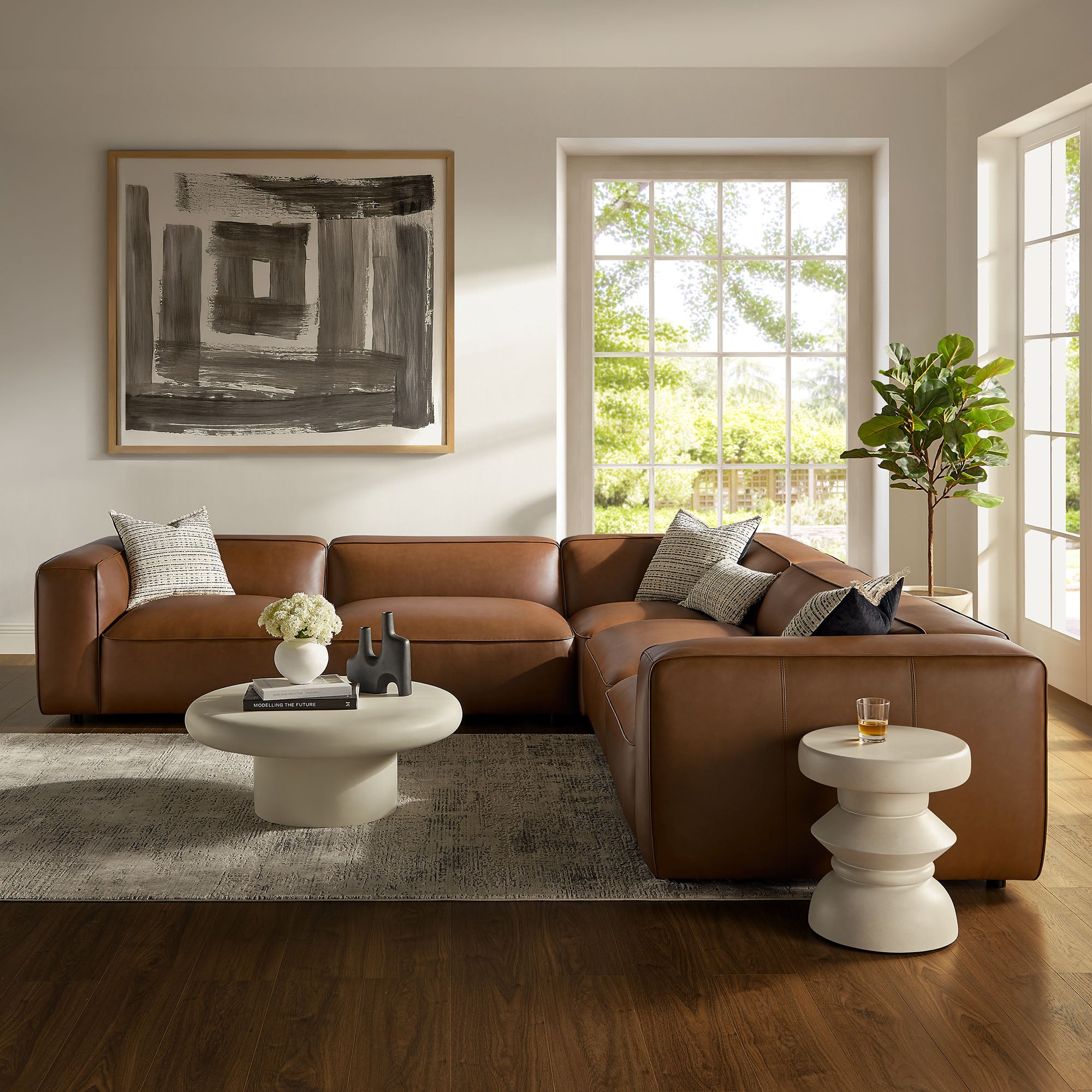 Auren 5-Piece Upholstered Vegan Leather Modular L-Shaped Sofa, Coffee