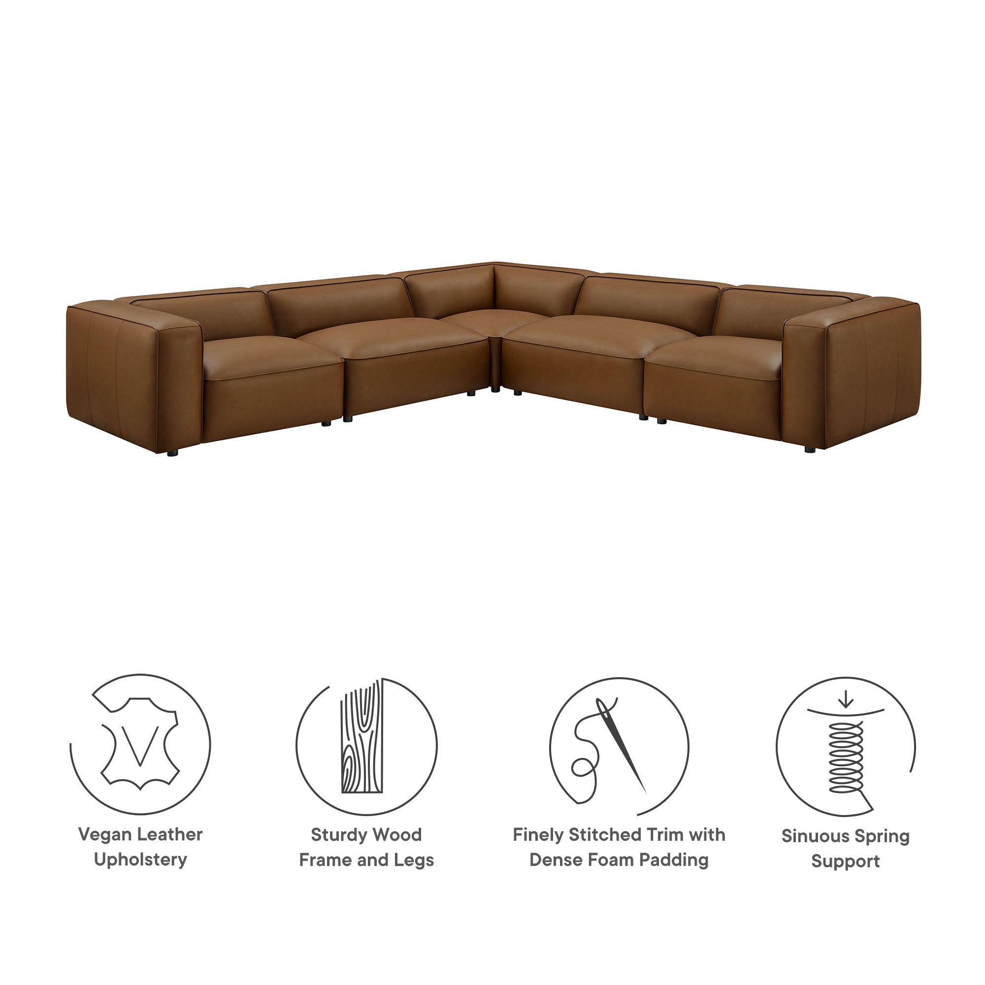 Auren 5-Piece Upholstered Vegan Leather Modular L-Shaped Sofa, Coffee