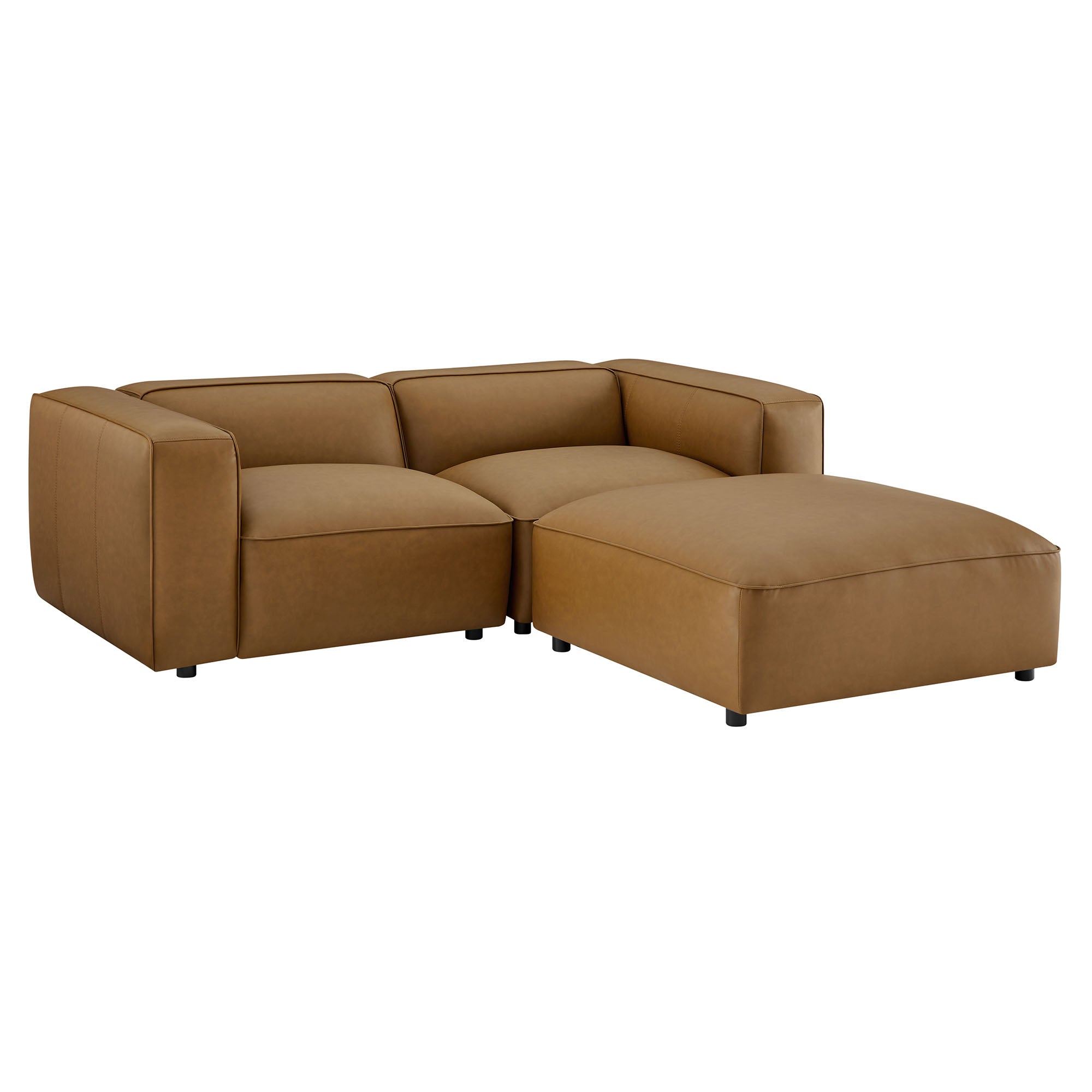 Auren 3-Piece Upholstered Vegan Leather Modular Loveseat with Ottoman, Camel