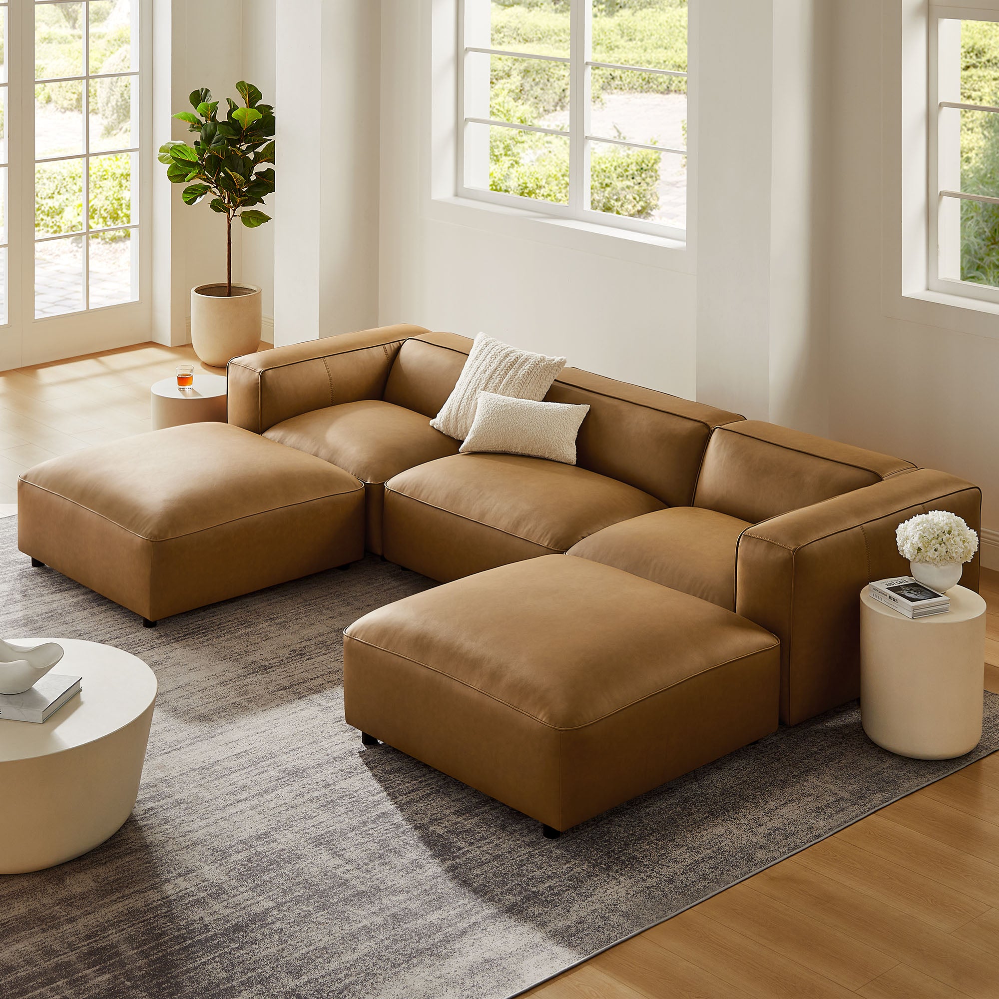 Auren 5-Piece Upholstered Vegan Leather Modular U-Shaped Sofa, Camel