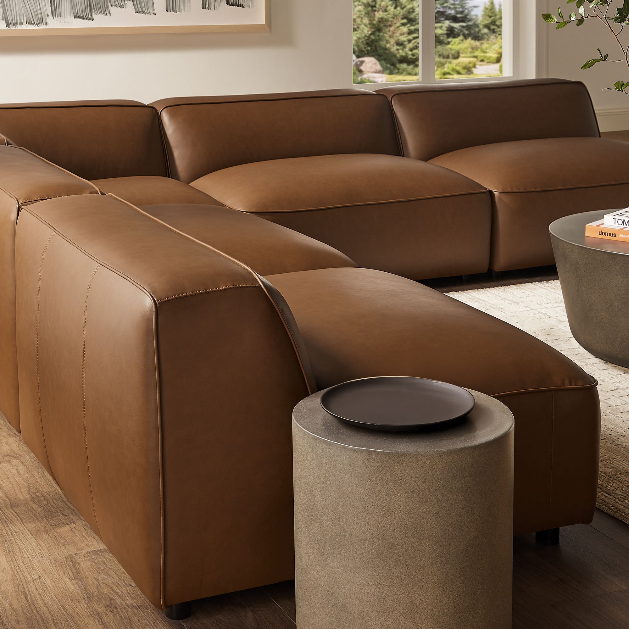 Auren 5-Piece Upholstered Armless L-Shaped Vegan Leather Modular Sofa, Coffee