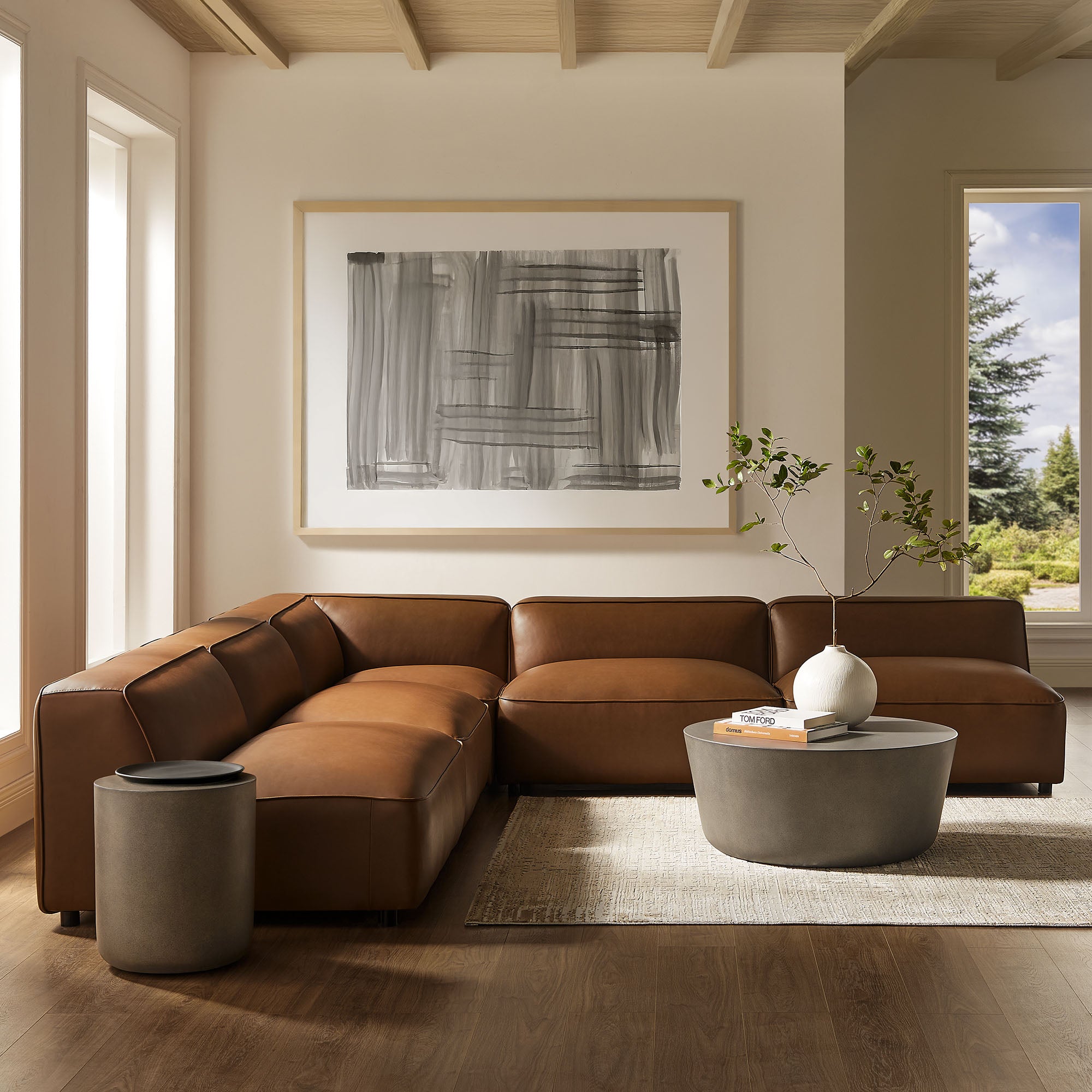 Auren 5-Piece Upholstered Armless L-Shaped Vegan Leather Modular Sofa, Coffee