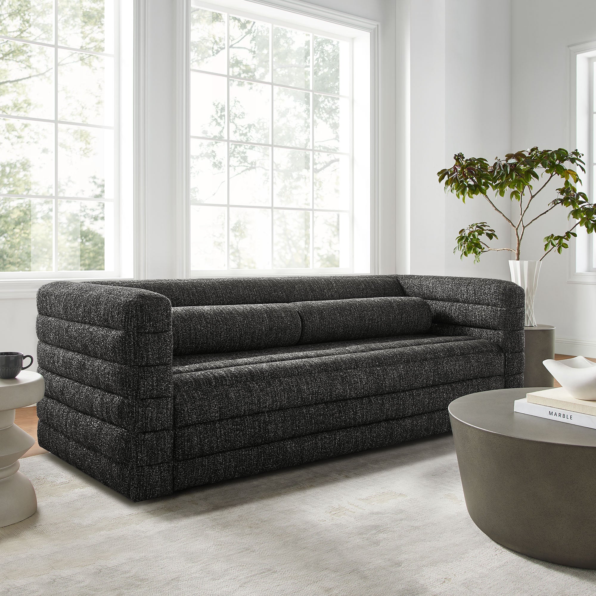 Relle Channel Tufted Boucle Upholstered Sofa, Charcoal