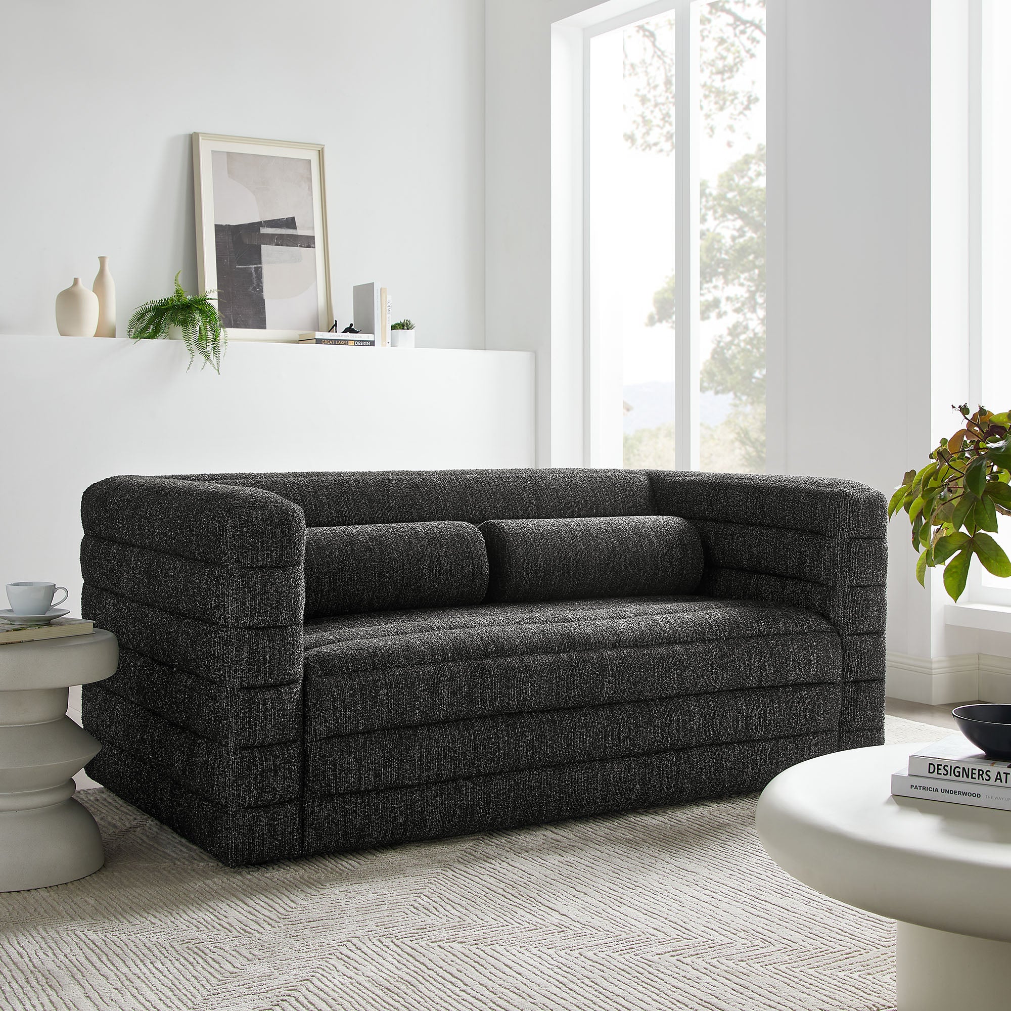Relle Channel Tufted Boucle Upholstered Loveseat, Charcoal
