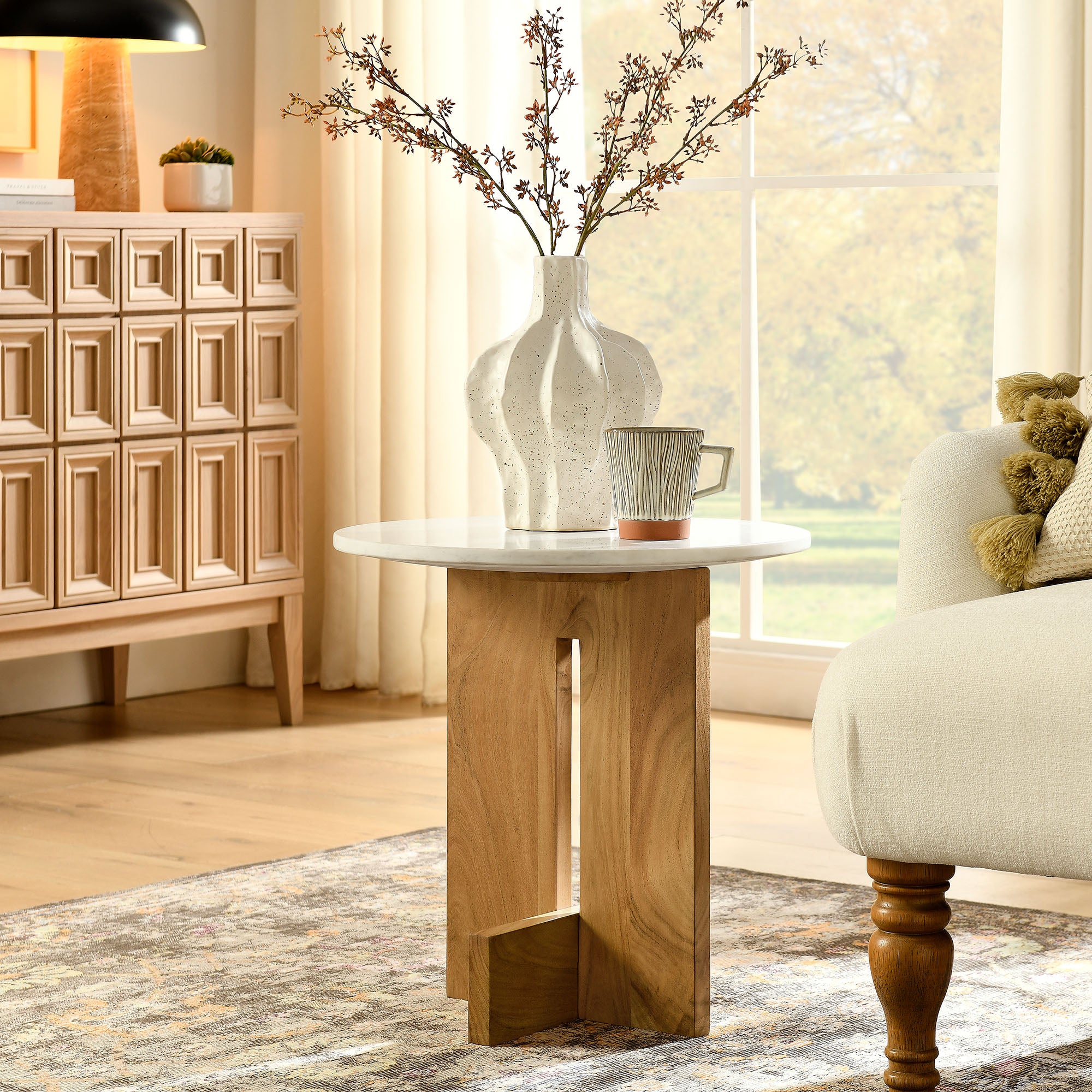 Tarin Acacia Wood and Marble Side Table, Natural