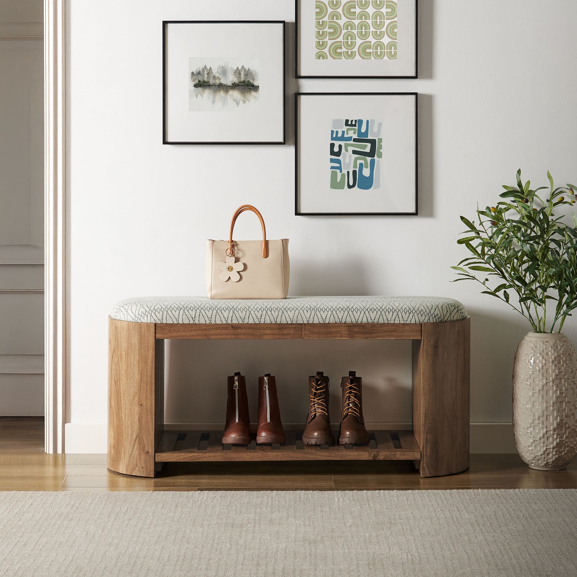 Ashby 45" Geometric Upholstered Bench, Natural Geometric