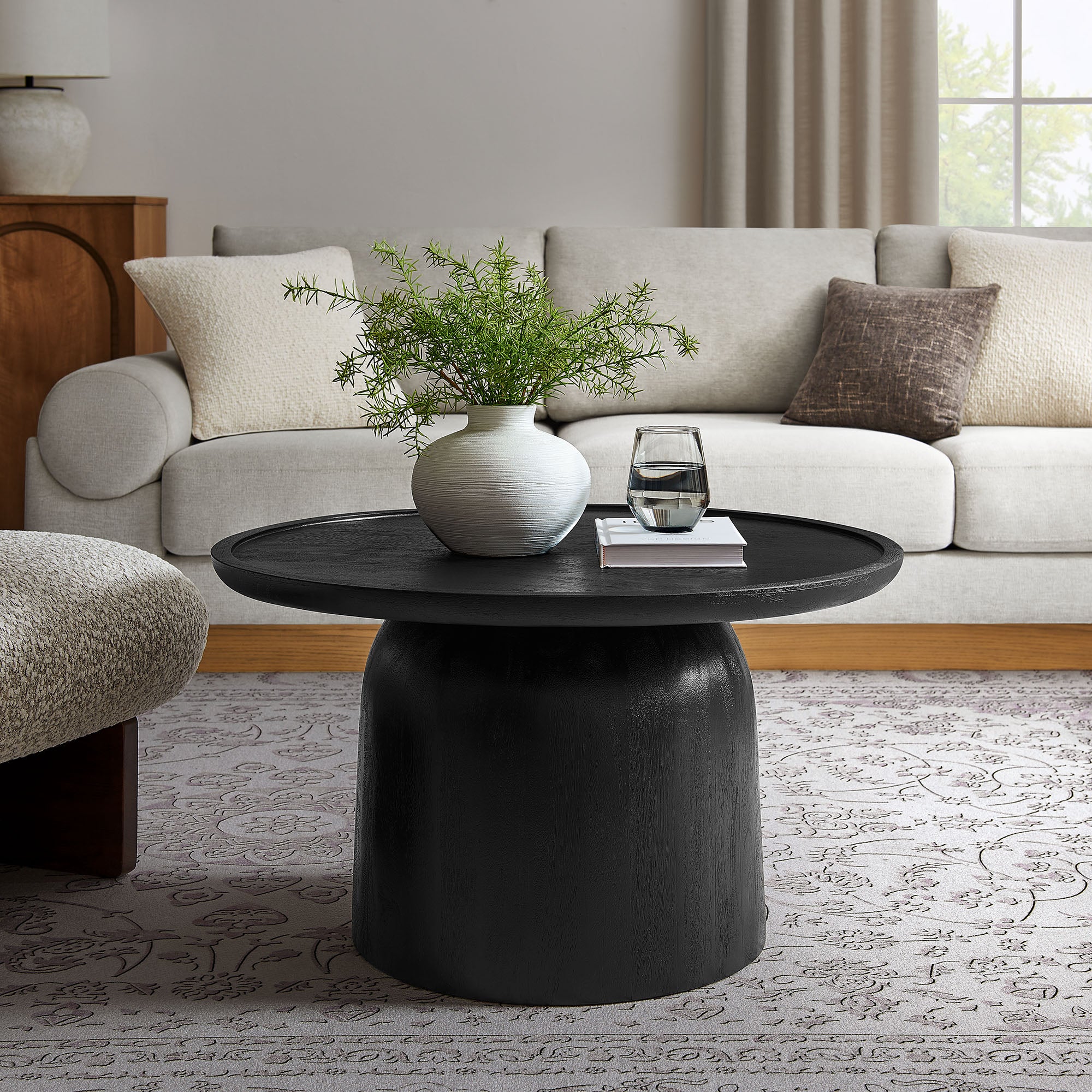 Holloway 30" Round Wood Coffee Table, Black