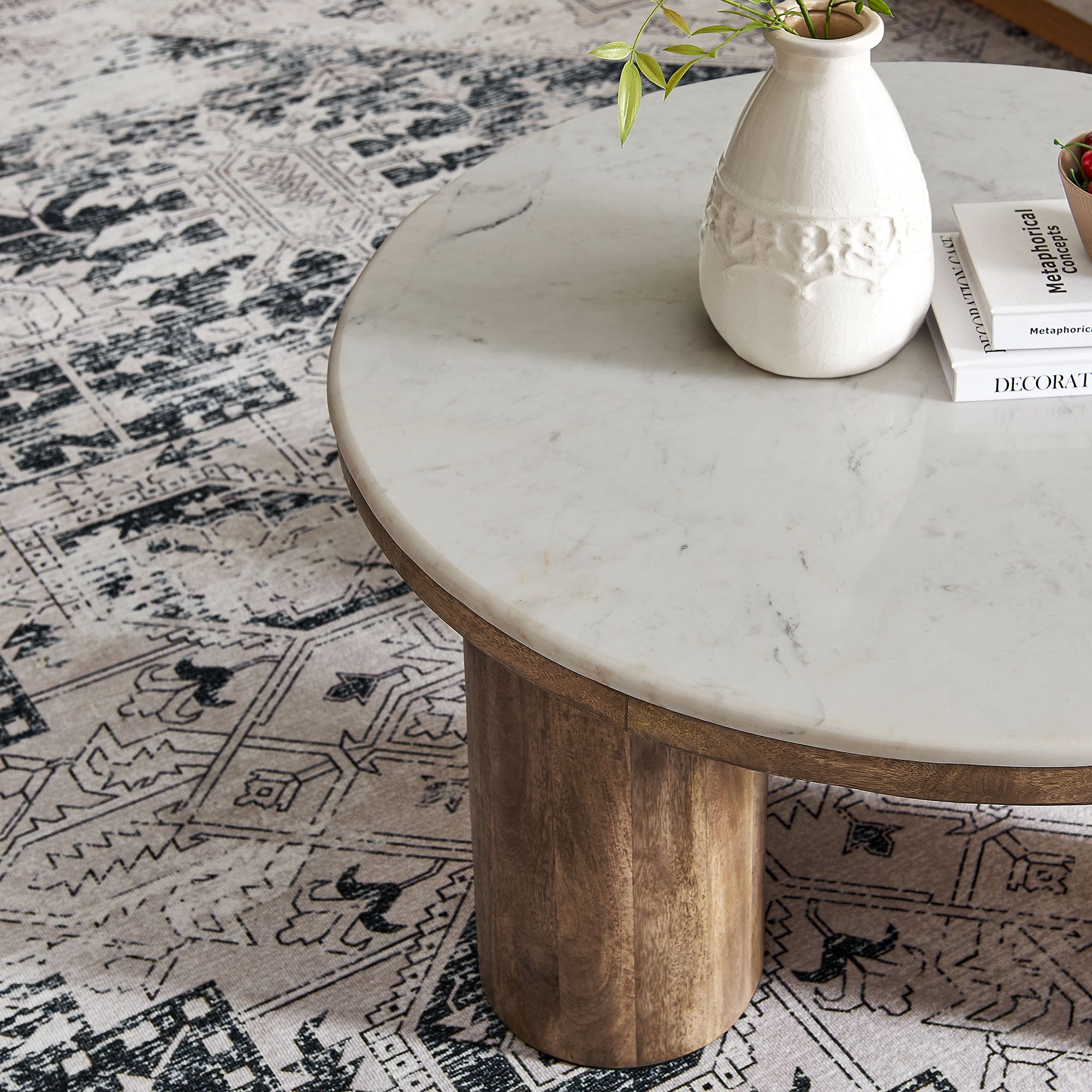 Ellison 33" Round Wood Coffee Table With Marble Top, Walnut
