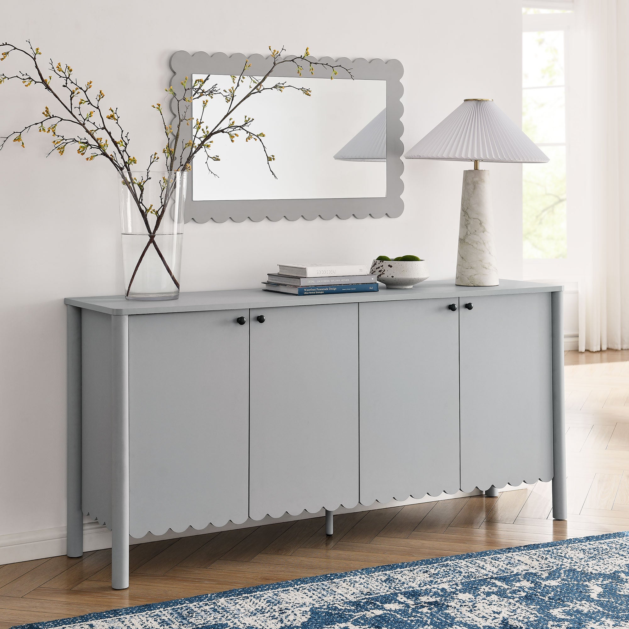 Emmeline 66" 4-Door Scalloped Sideboard Cabinet, Light Gray