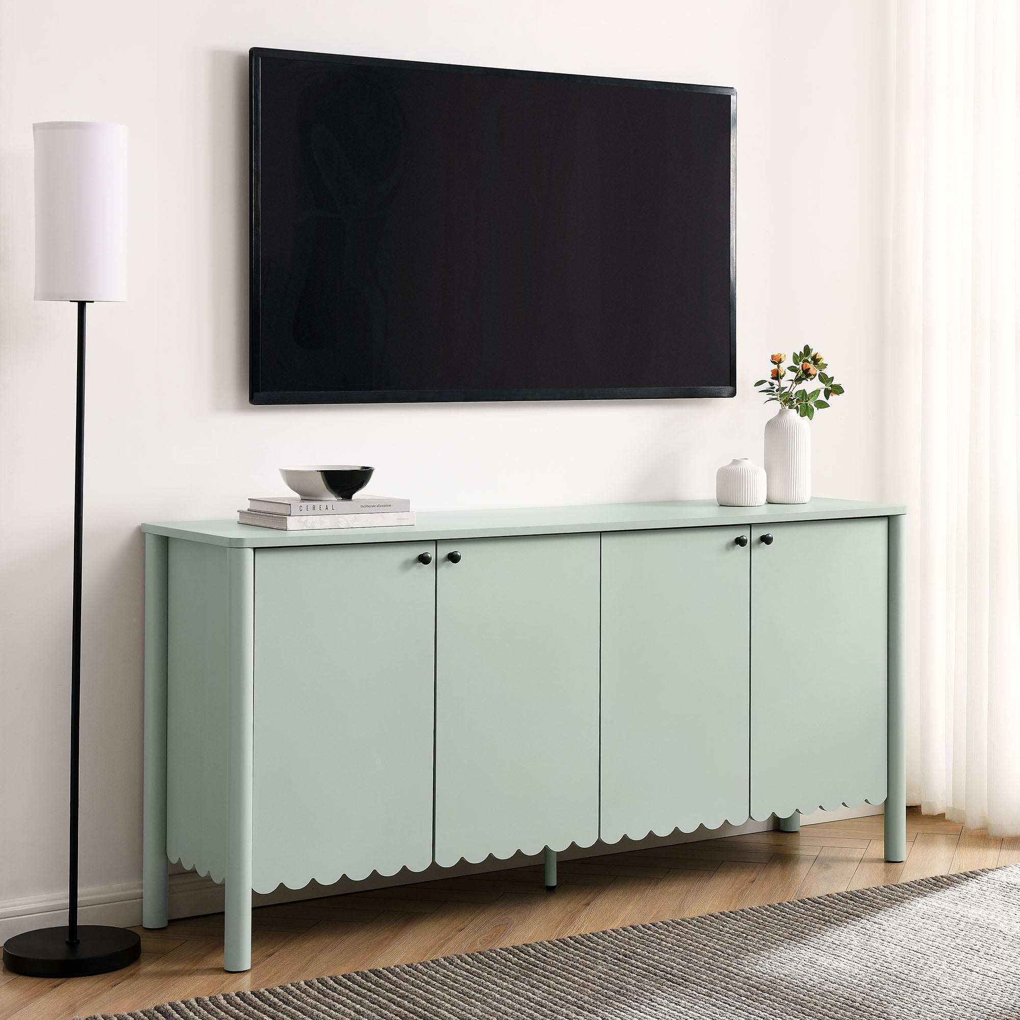 Emmeline 66" 4-Door Scalloped Sideboard Cabinet, Sage