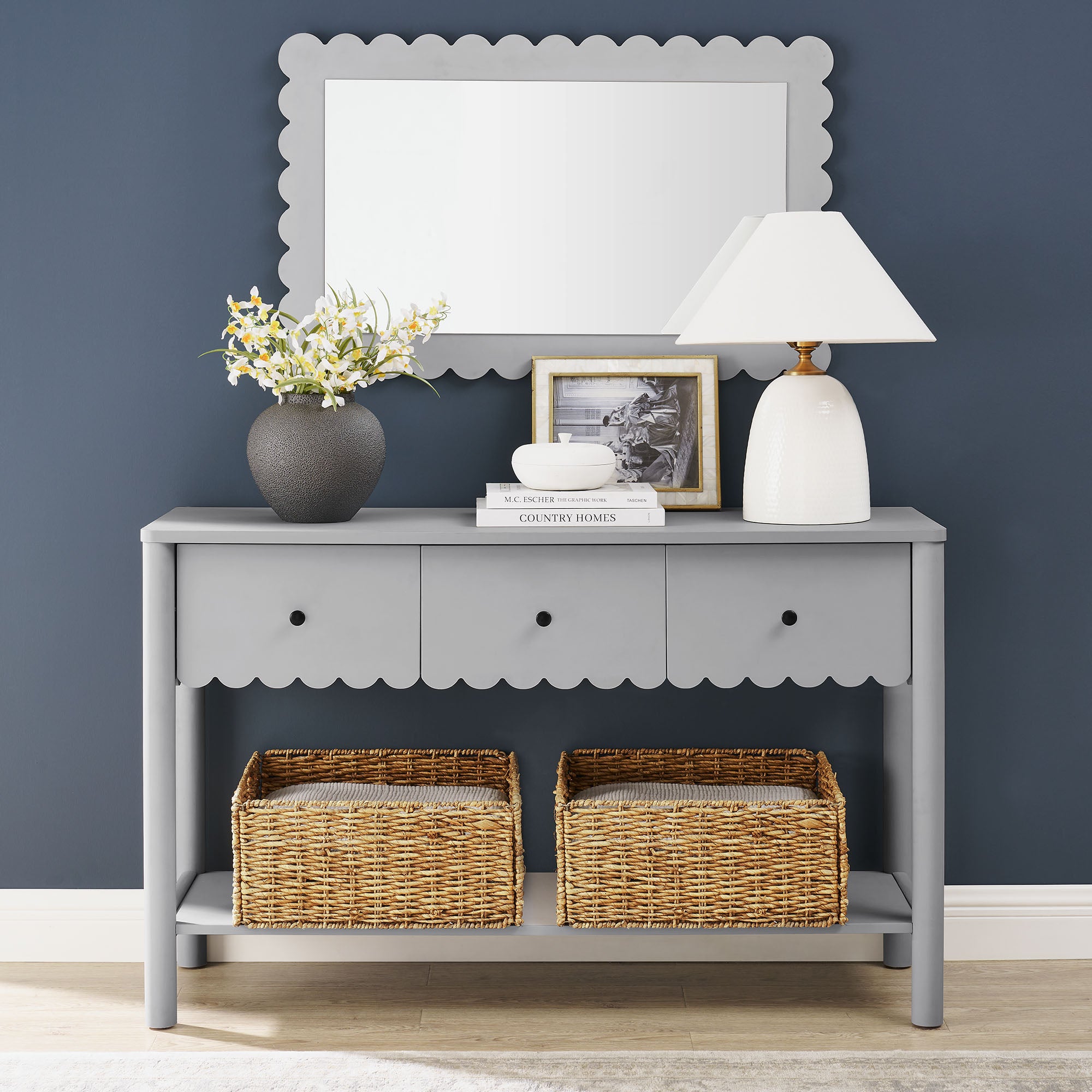 Emmeline 3-Drawer Scalloped Console Table, Light Gray