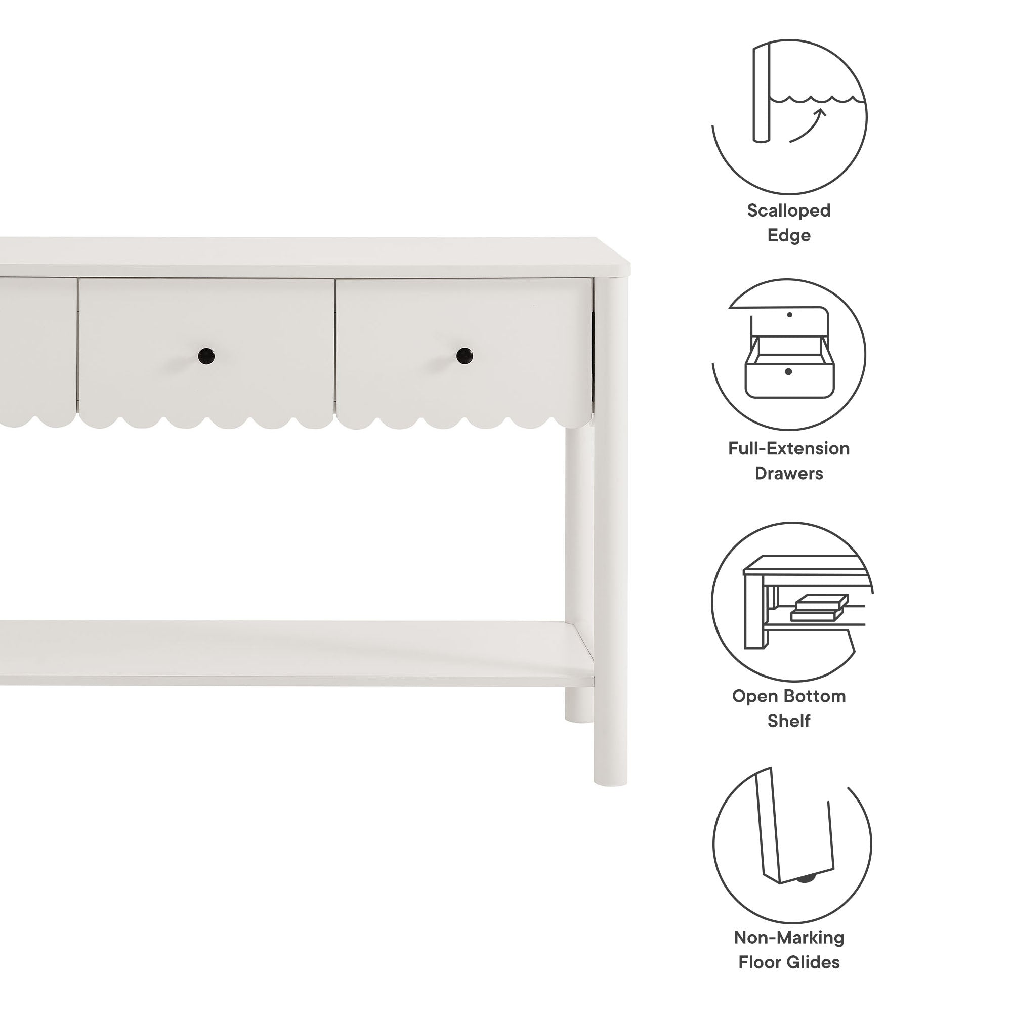 Emmeline 3-Drawer Scalloped Console Table, White