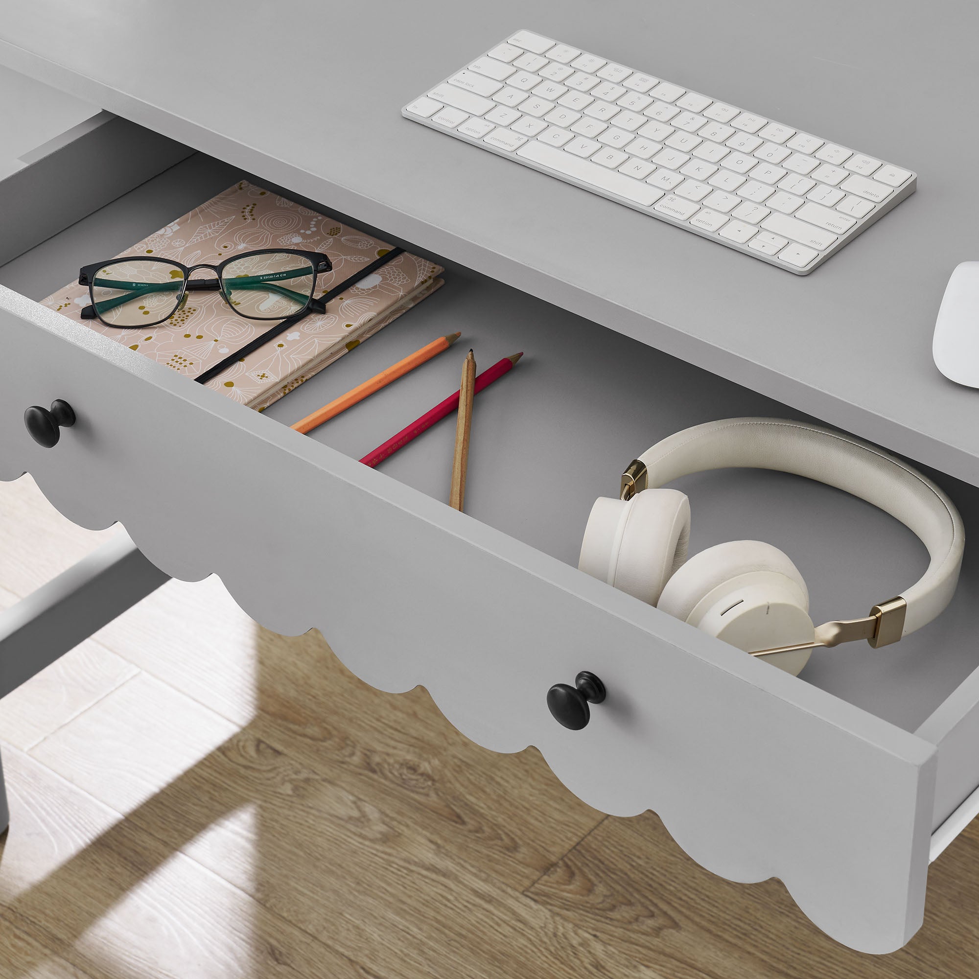 Emmeline 1-Drawer Scallop Writing Desk, Light Gray