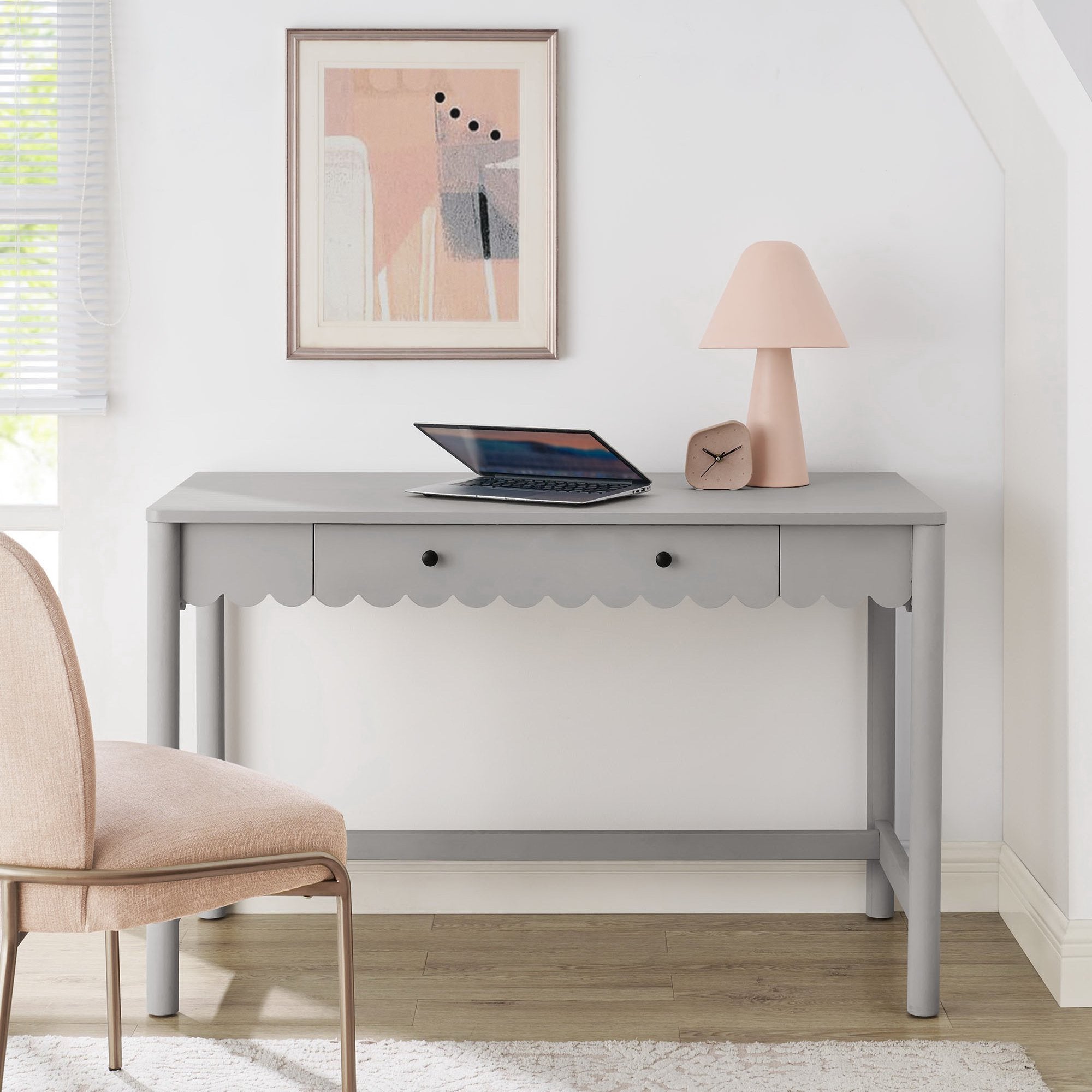 Emmeline 1-Drawer Scallop Writing Desk, Light Gray