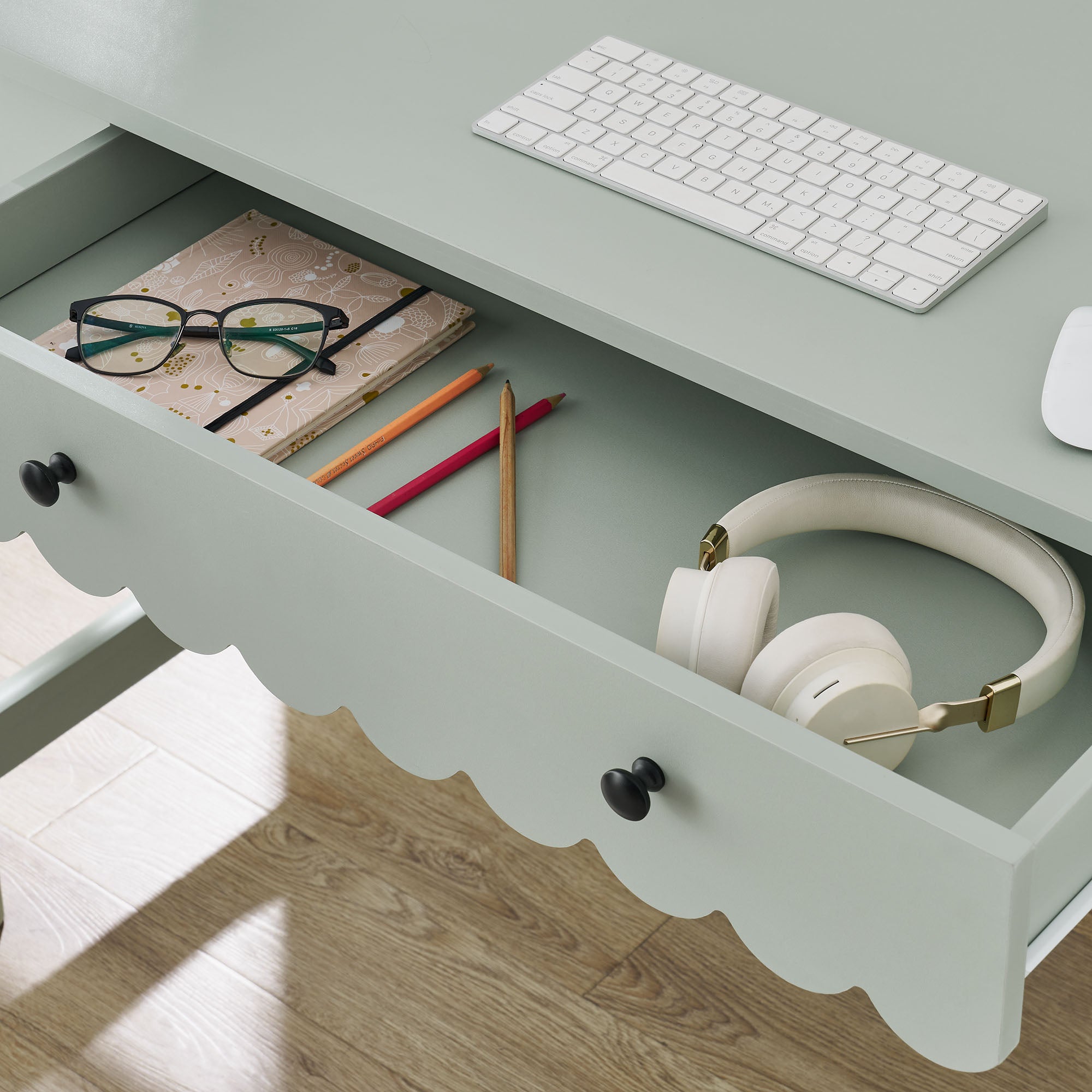 Emmeline 1-Drawer Scallop Writing Desk, Sage