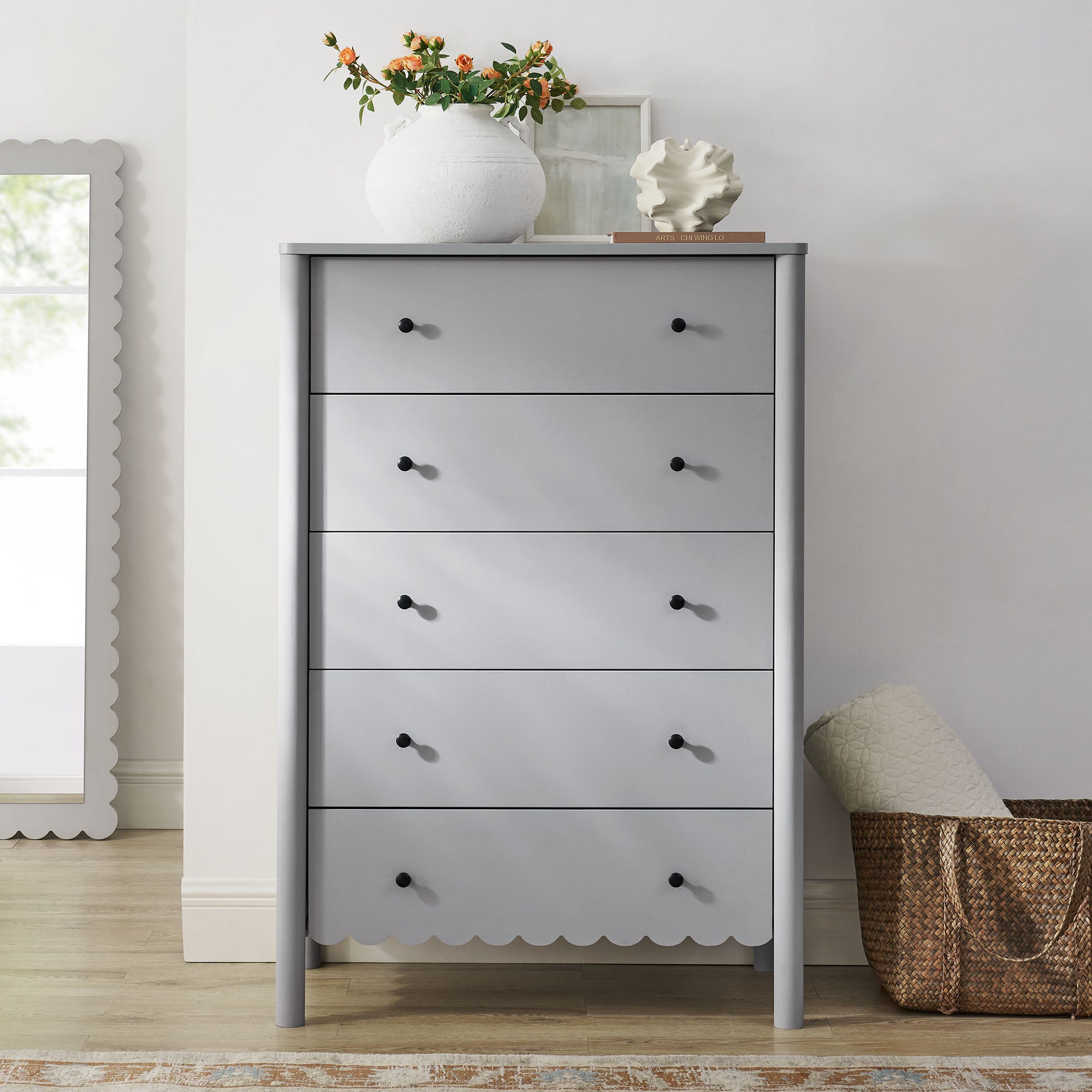 Emmeline Scalloped 5-Drawer Chest, Light Gray