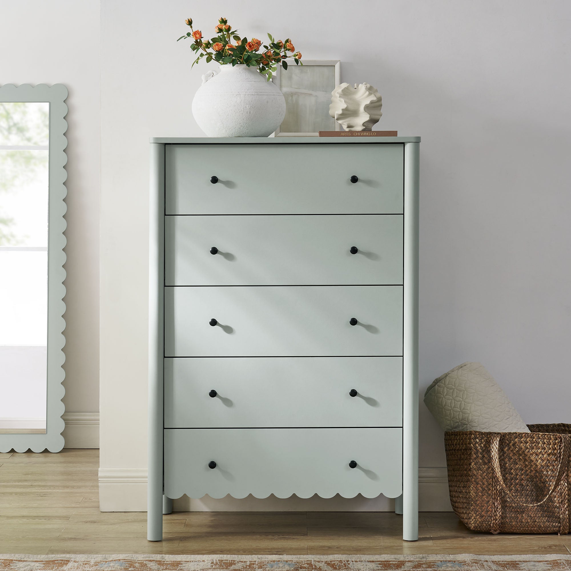 Emmeline Scalloped 5-Drawer Chest, Sage