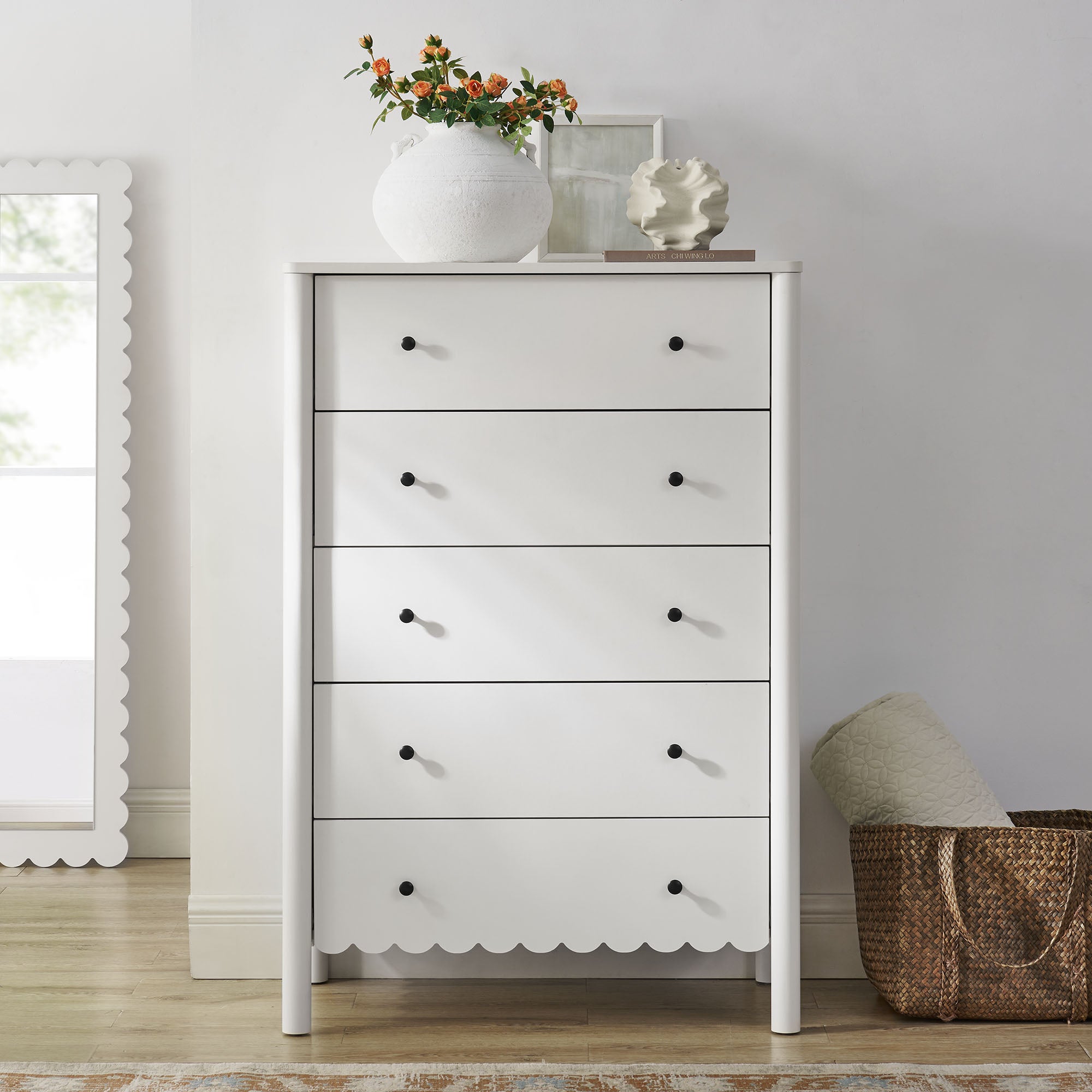 Emmeline Scalloped 5-Drawer Chest, White