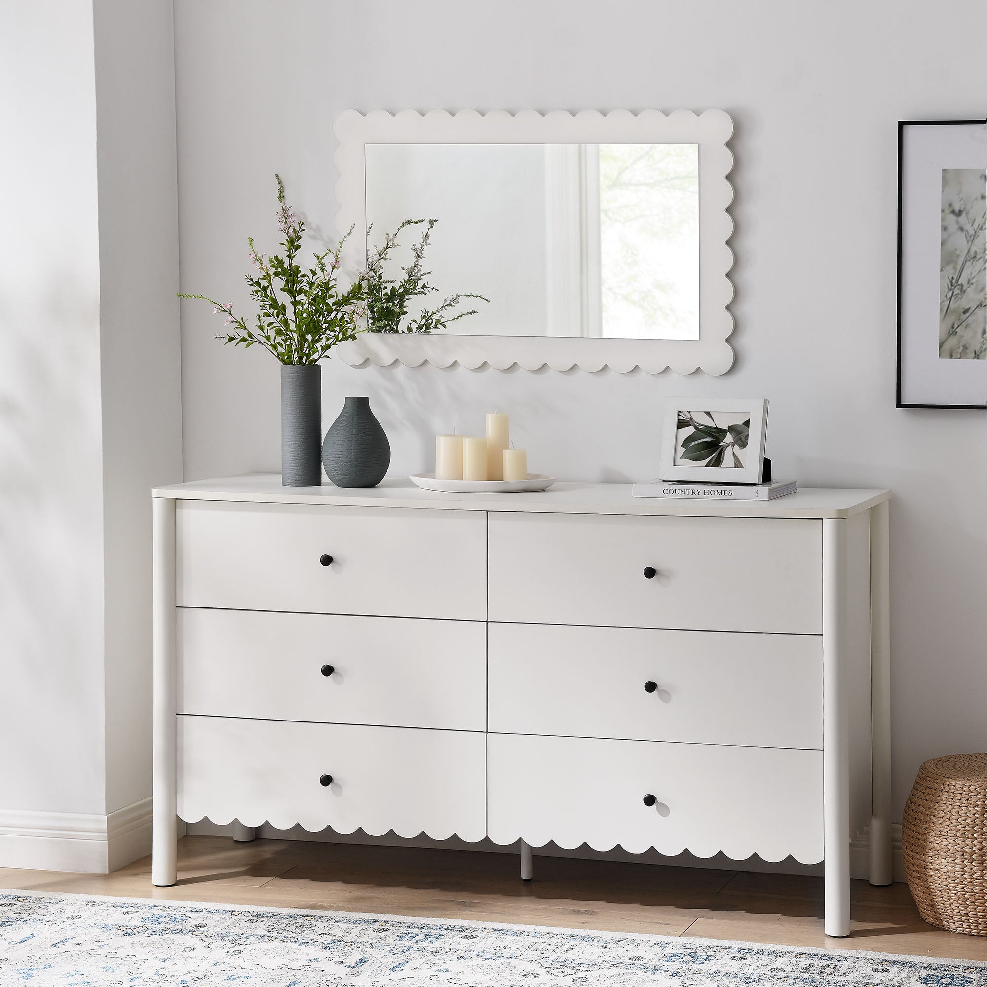 Emmeline Scalloped 6-Drawer Dresser, White