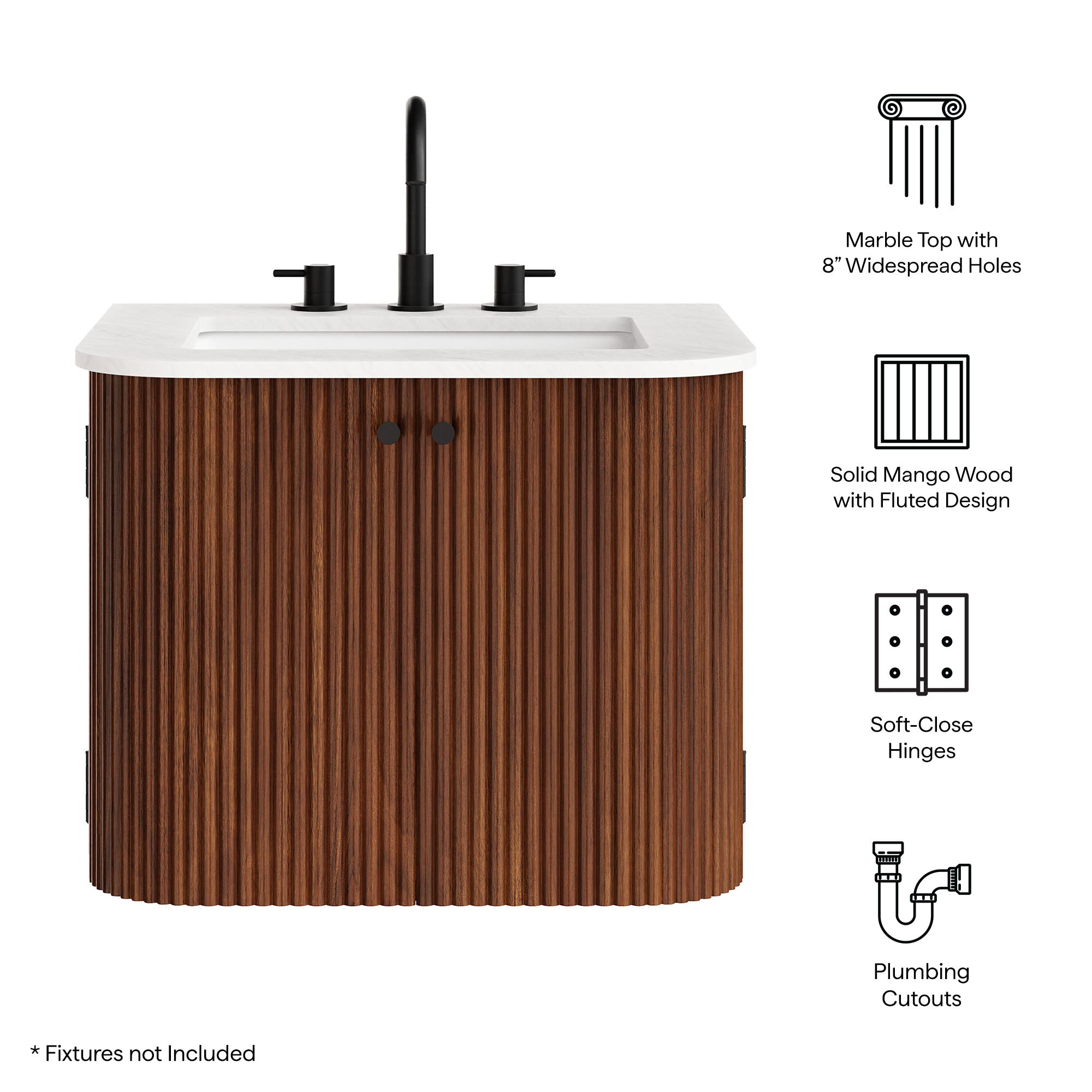 Zia 24" Wall-Mount Bathroom Vanity with Marble Sink, Walnut