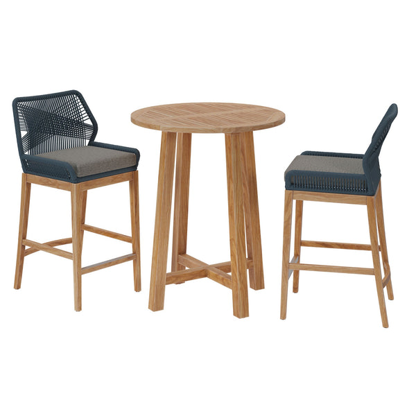 Wellspring 3-Piece Outdoor Patio Teak Wood Bar Set, Blue Graphite