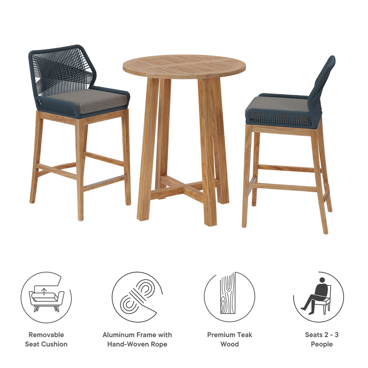 Wellspring 3-Piece Outdoor Patio Teak Wood Bar Set, Blue Graphite