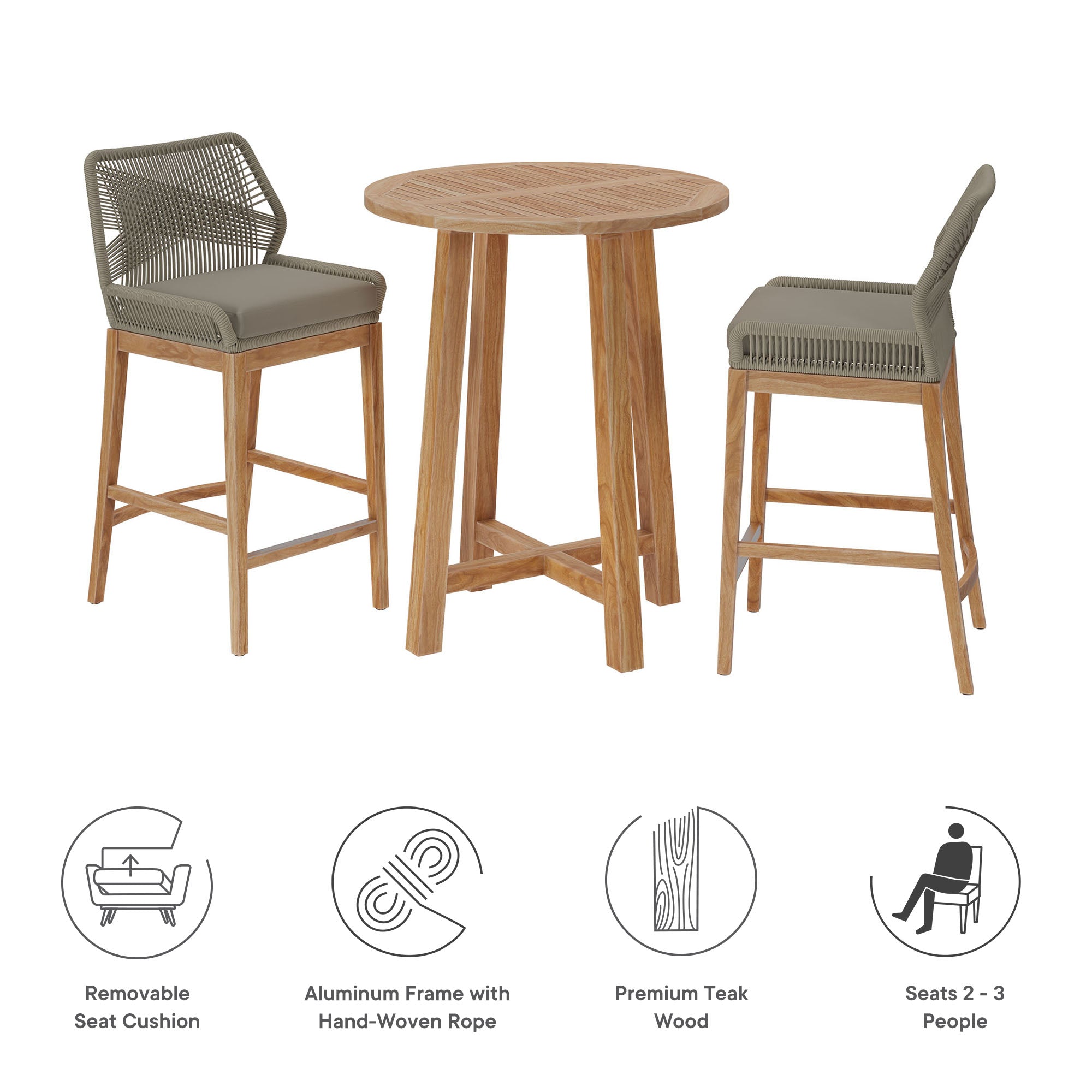 Wellspring 3-Piece Outdoor Patio Teak Wood Bar Set, Light Gray Greige