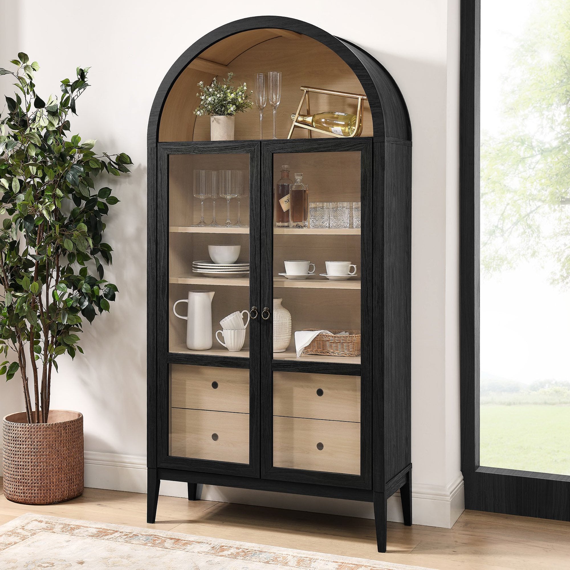 Nolan 74" Tall Wide Arched Storage Display Cabinet, Black Oak