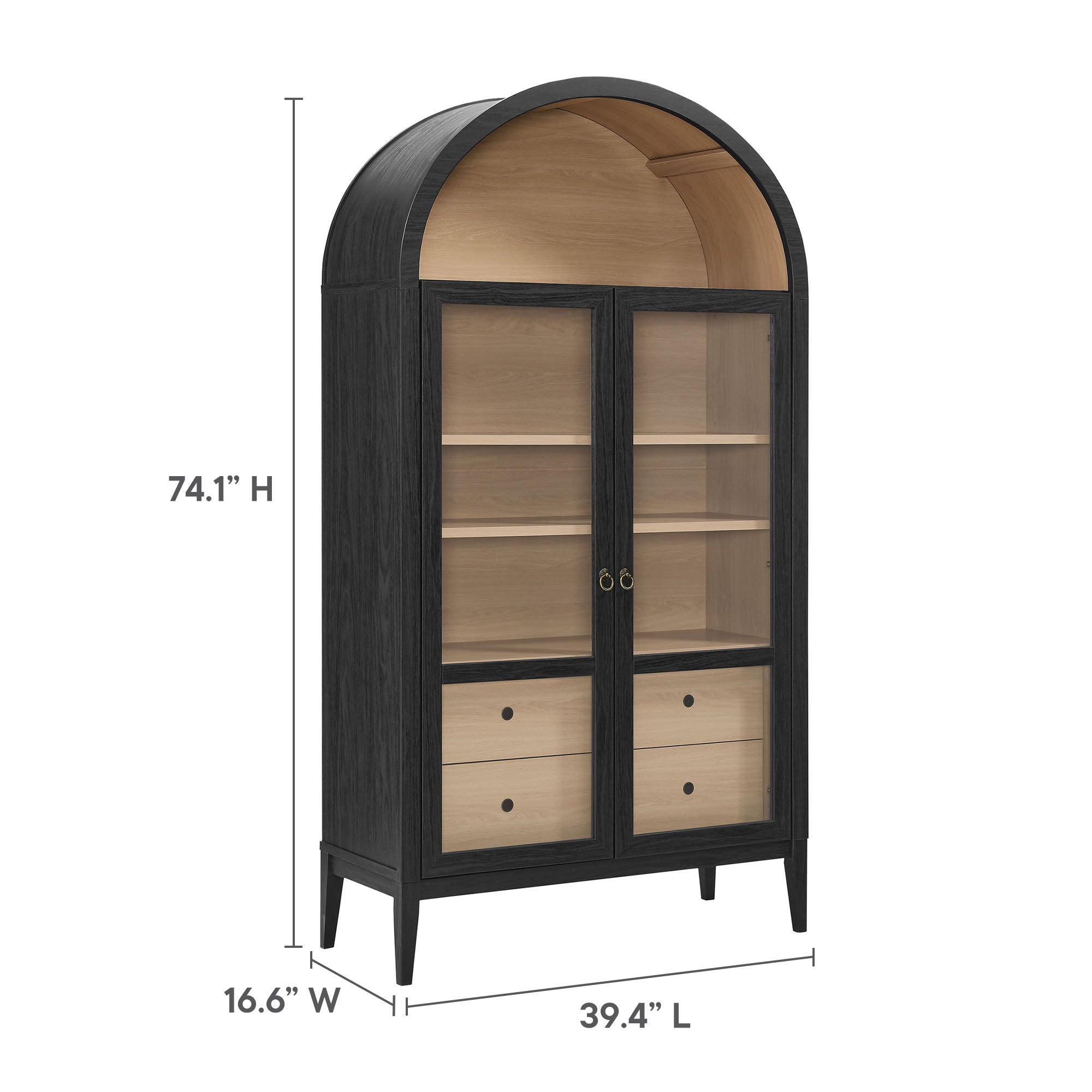 Nolan 74" Tall Wide Arched Storage Display Cabinet, Black Oak