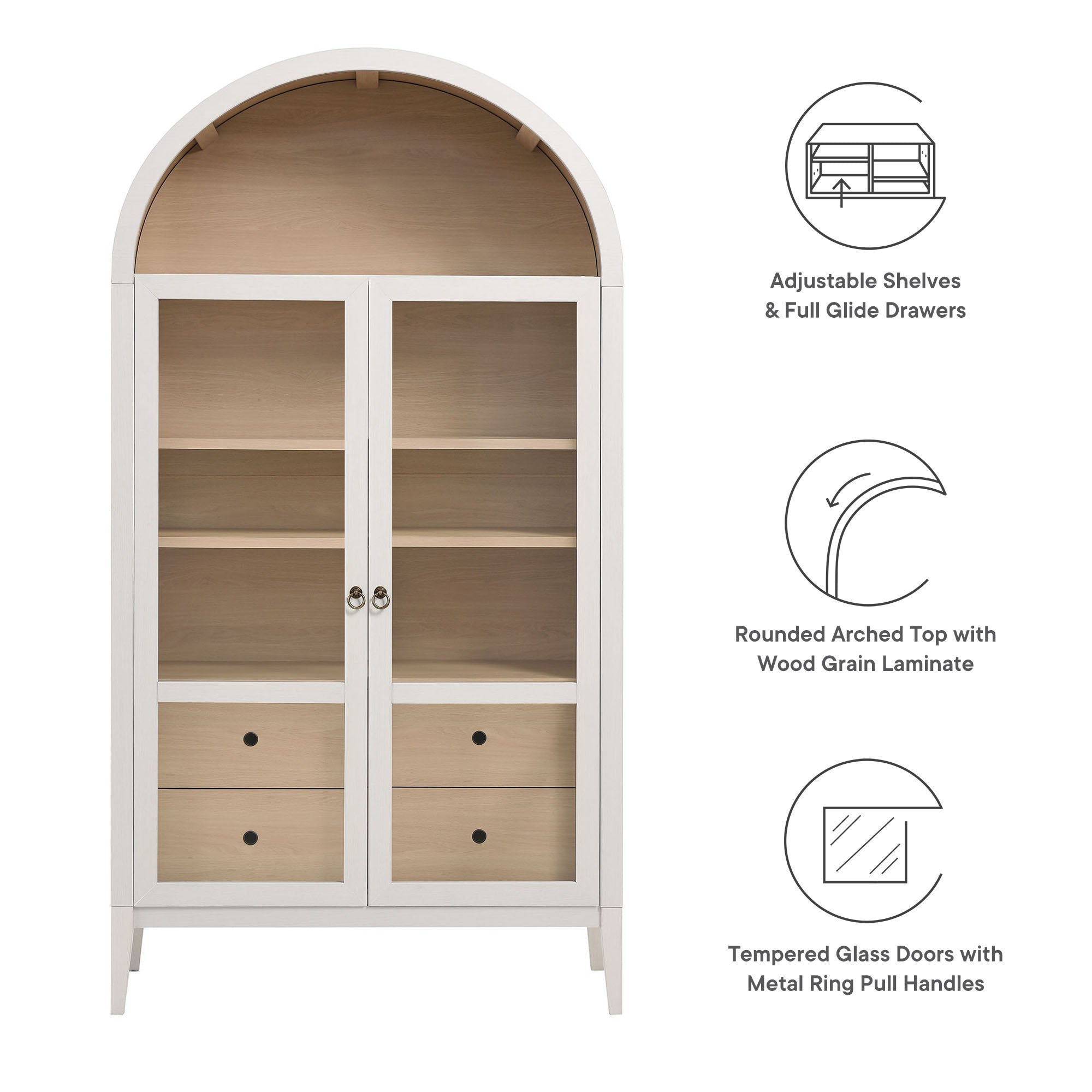 Nolan 74" Tall Wide Arched Storage Display Cabinet, Ivory Oak